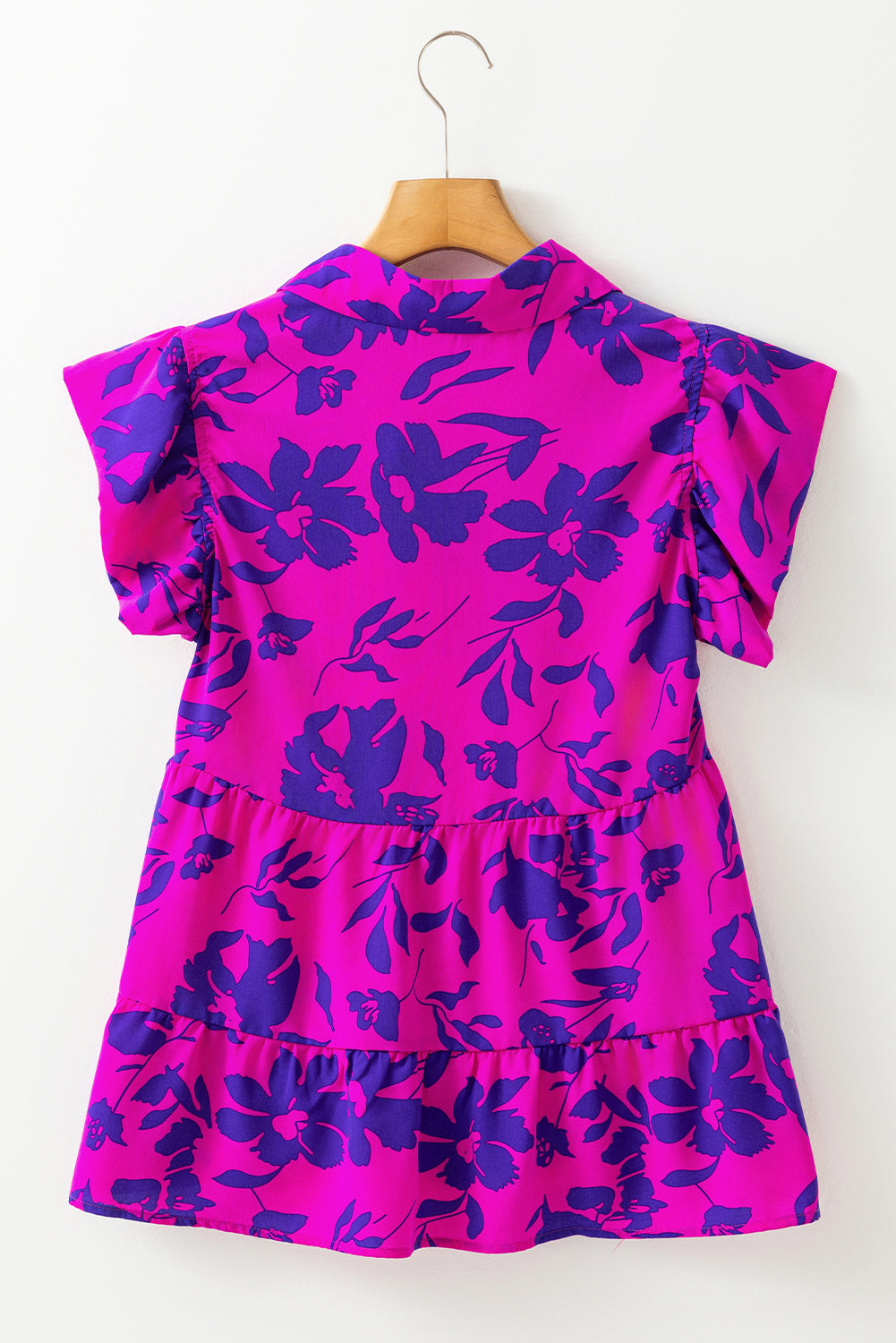 Rose Floral Print Collared Button Neckline Flutter Sleeve Blouse eAura