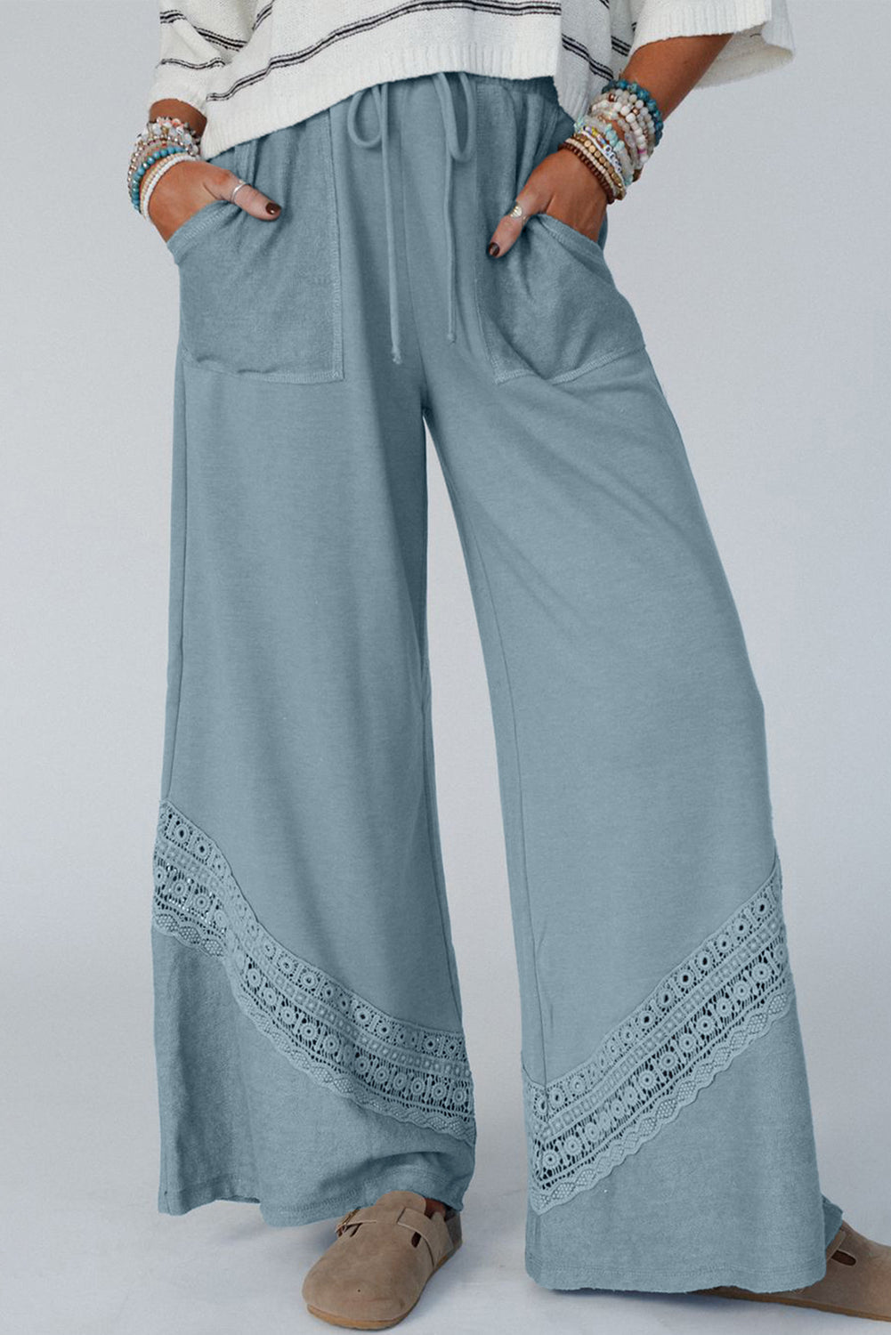 Dusk Blue Lace Crochet Patched Lace-up High Waist Wide Leg Trousers BB Fashion Outlet