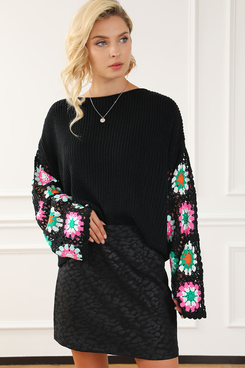 Black Floral Crochet Bell Sleeve Loose Sweater eAura