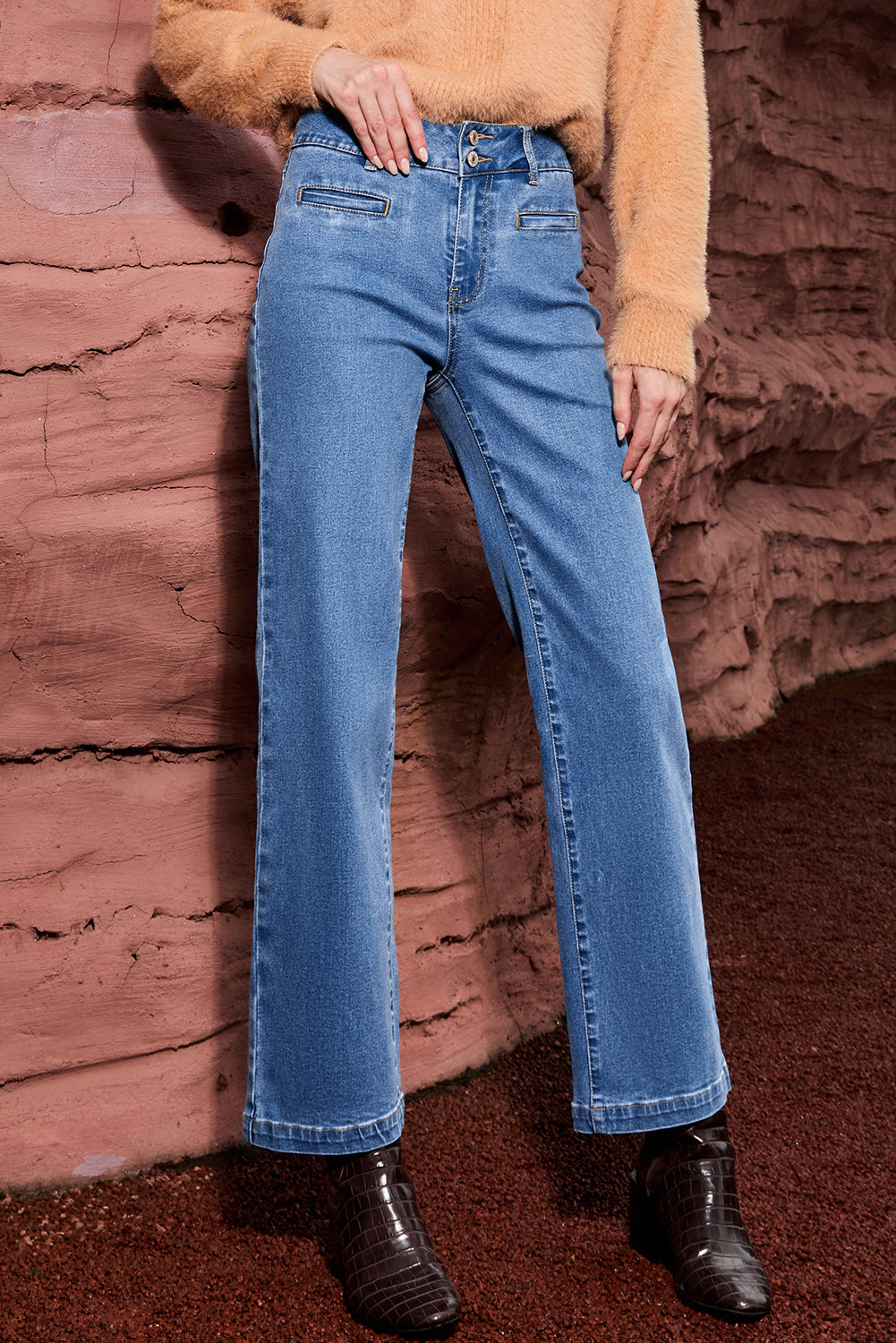 Double Button High Rise Straight Leg Jeans - eAura