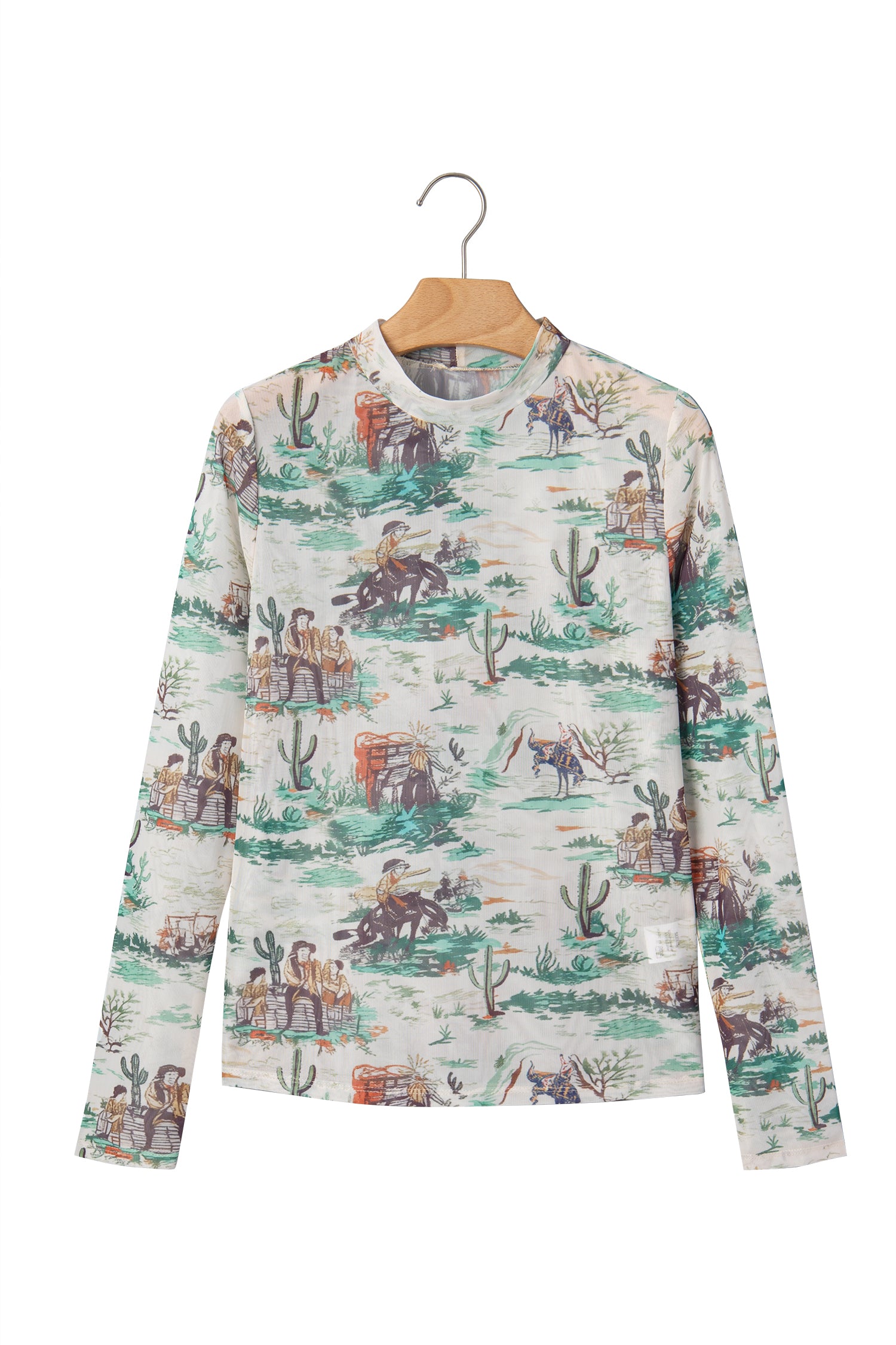 Western Print Long Sleeve Round Neck Slim Top – Green