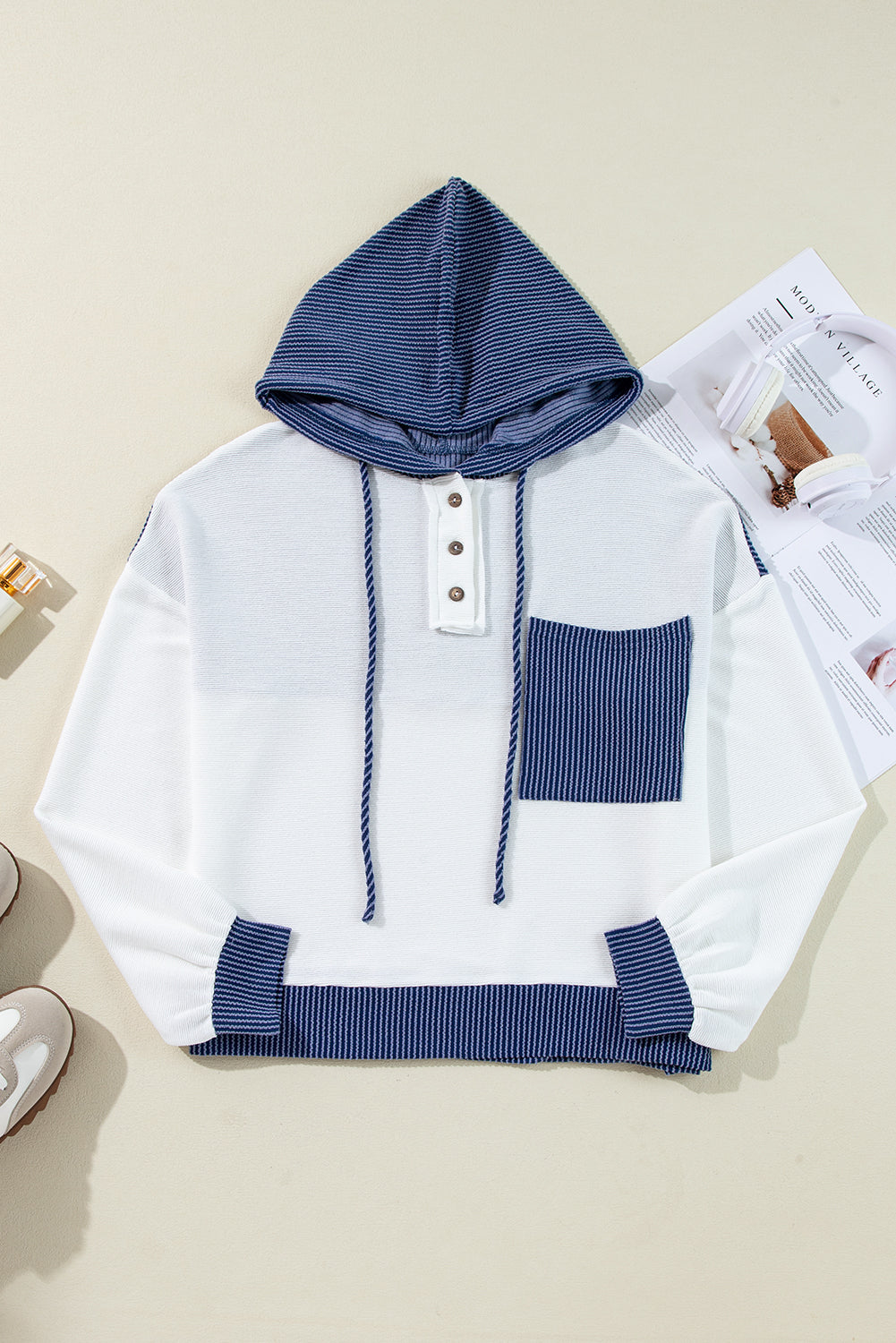 Light Pink Ribbed Colourblock Patch Pocket Drawstring Hooded Top eAura