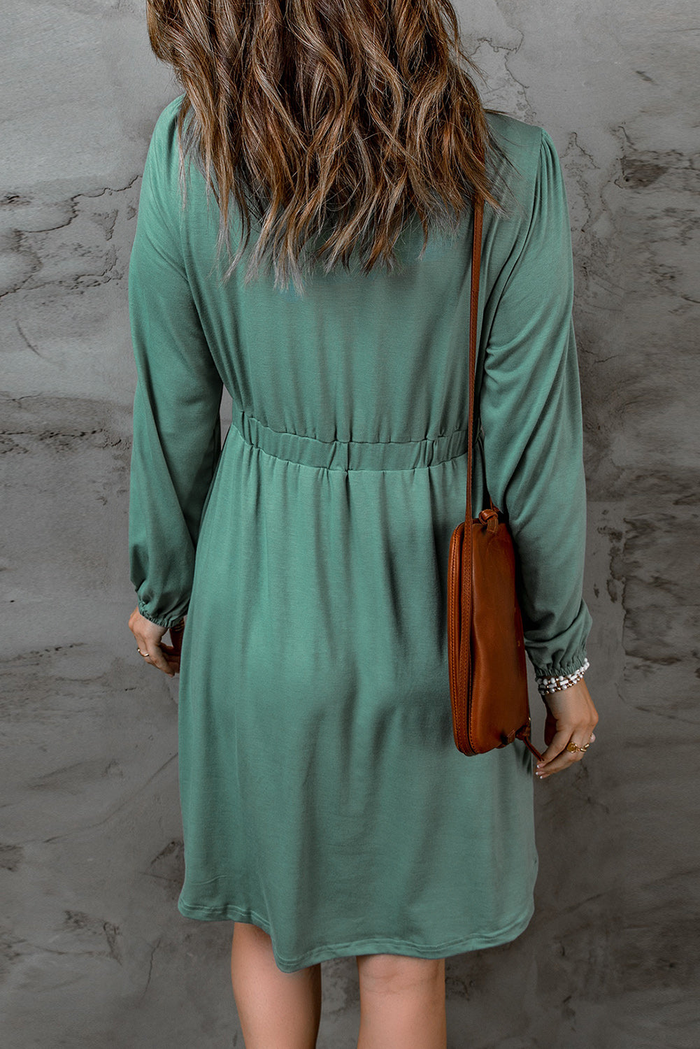 Green Button Up High Waist Long Sleeve Dress eAura