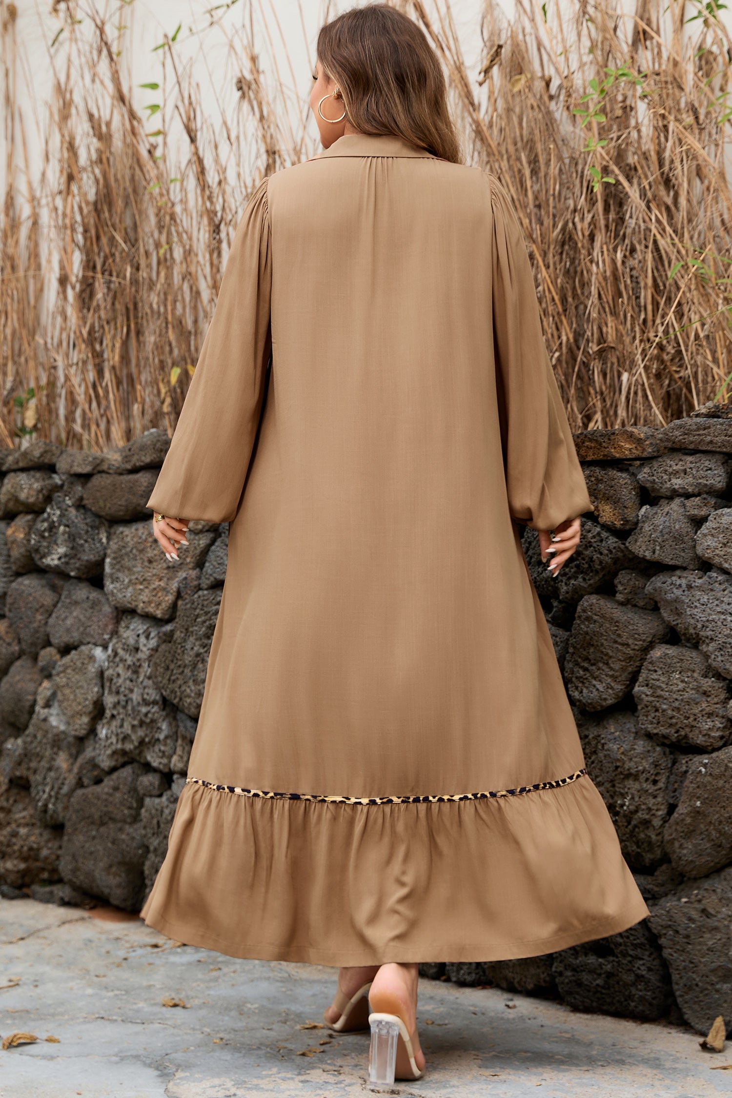 Smocked V-Neckline Leopard Piping Accent Bracelet Plus Size Long Dress - eAura