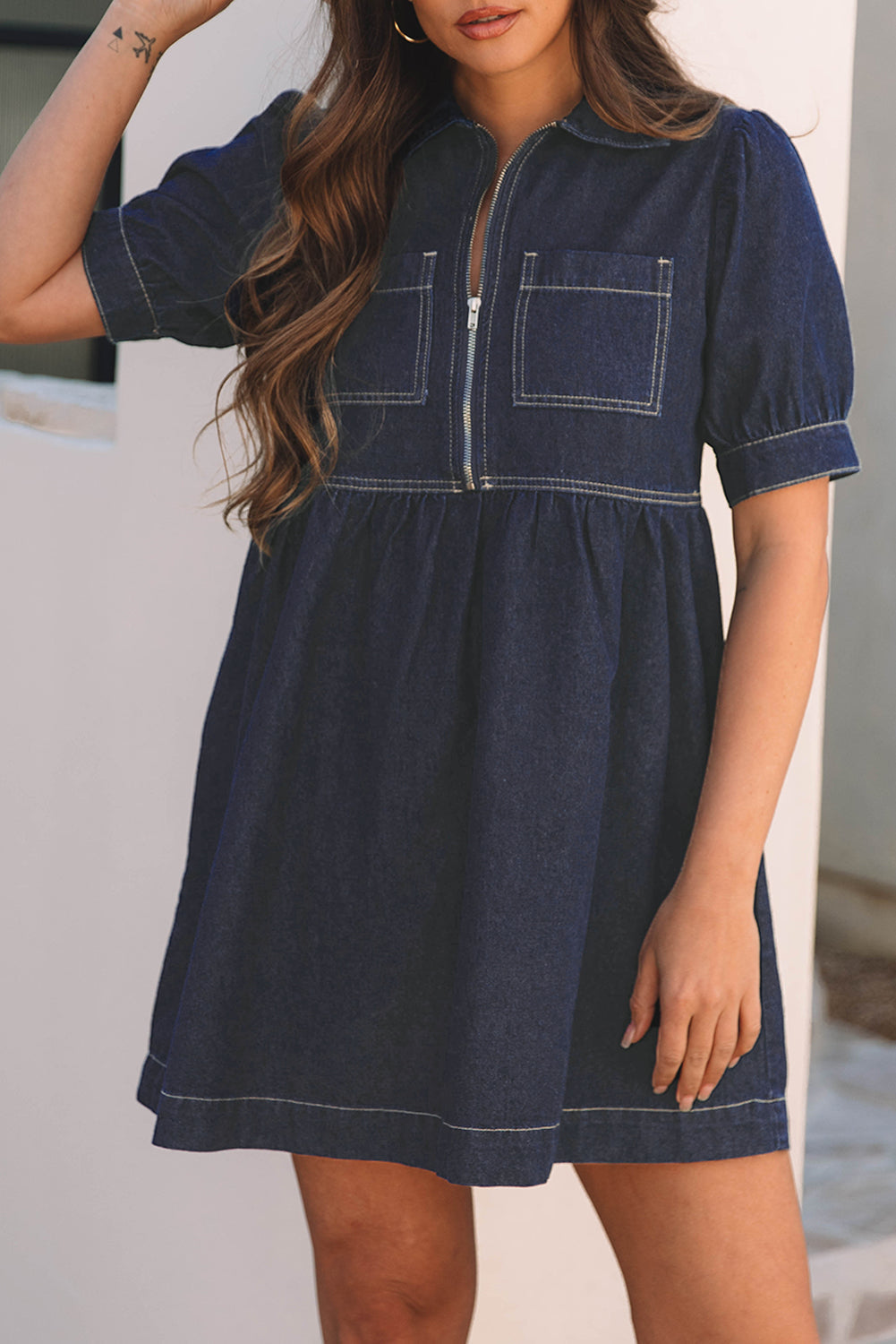 Dirty blue Zipped up Bodice Collared Short Puff Sleeve Denim Dress eAura