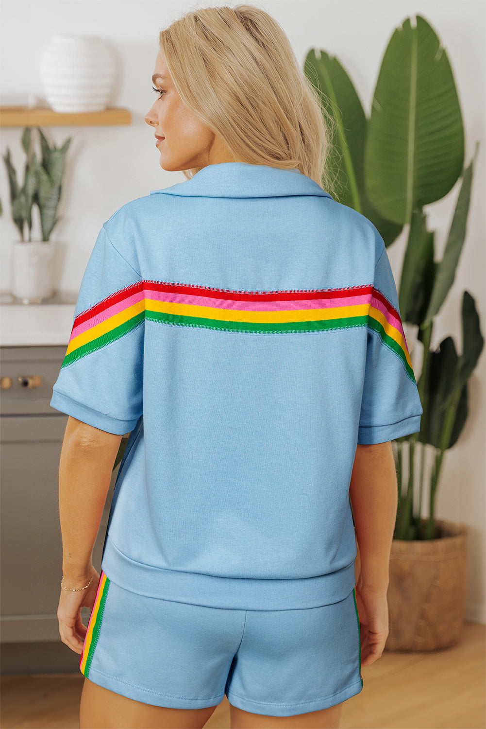 Sky Blue Rainbow Colourblock Collared Short Sleeve Top 2 Piece Shorts Set eAura