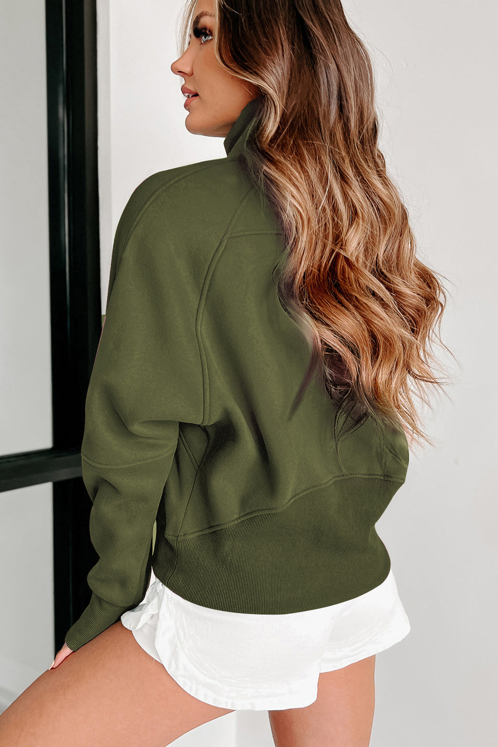 Brown Fleece Lined Zip Up Stand Collar Thumbhole Sleeve Sweatshirt eAura