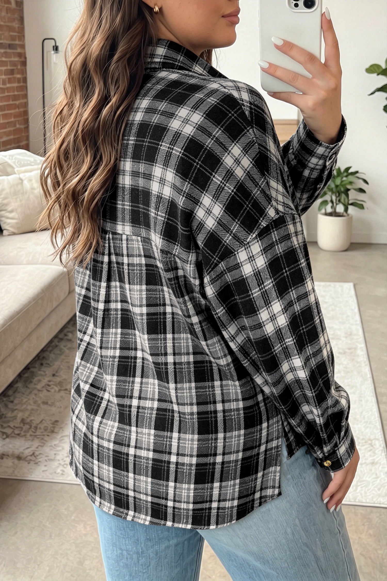 Plaid Long Sleeve V Neck Shift Plus Size Shirt Jacket – Black