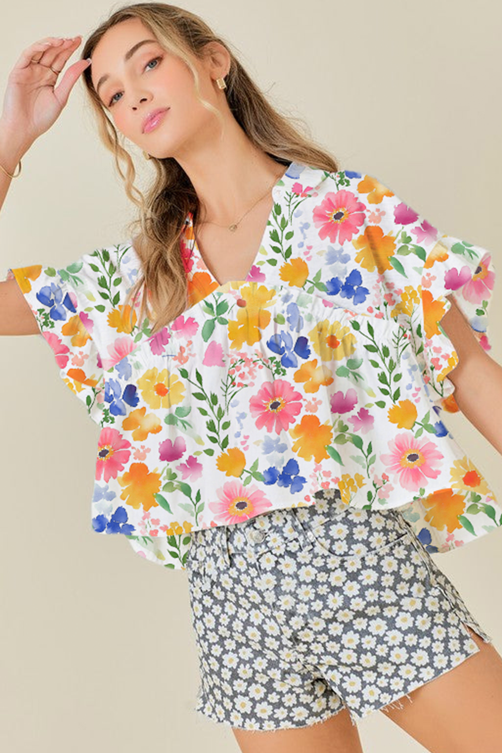 Yellow Floral Boxy Fit Ruffled Short Sleeve V Neck Blouse eAura