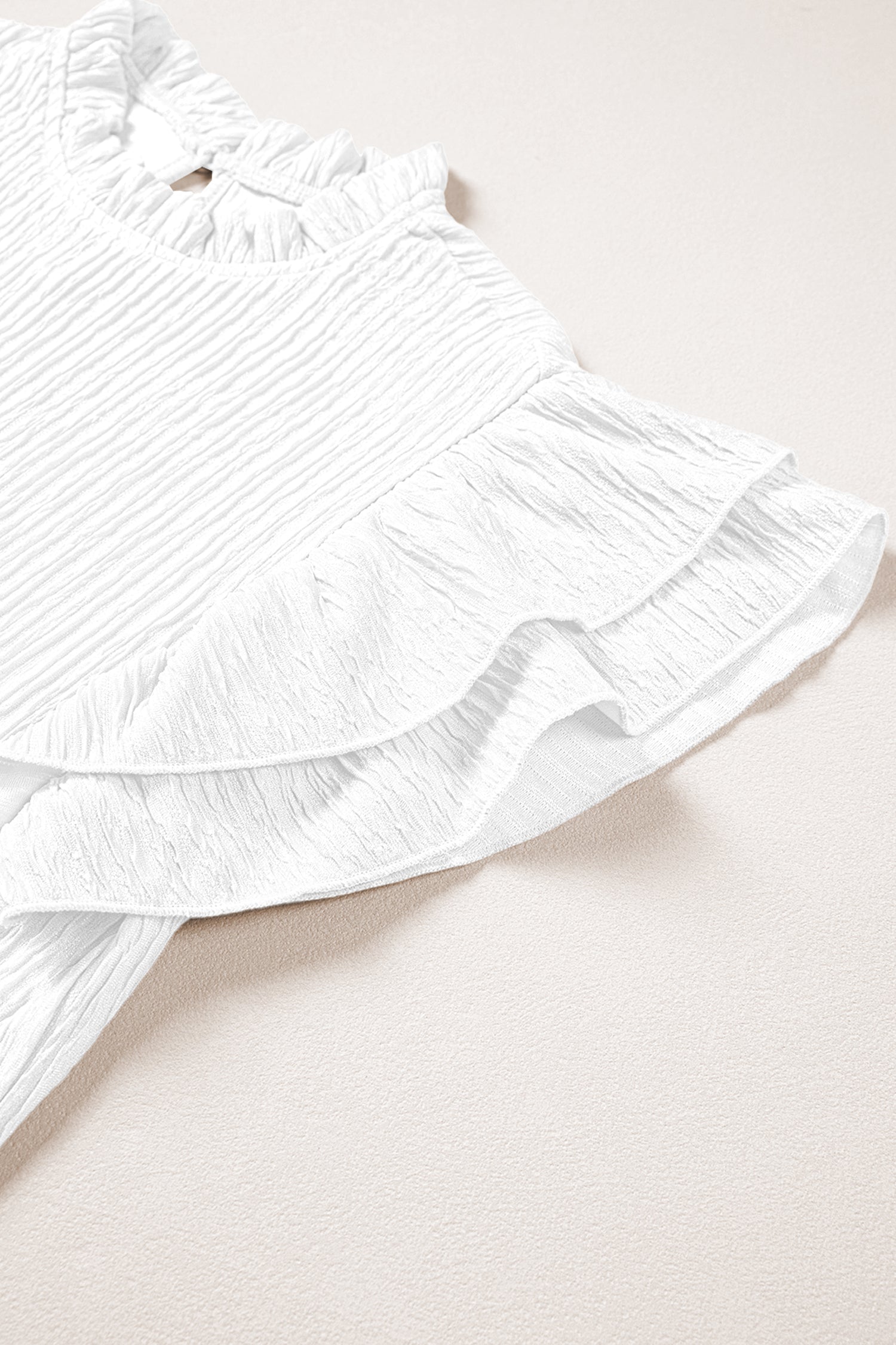 Solid Color Textured Ruffle Trim Short Sleeve Blouse – White