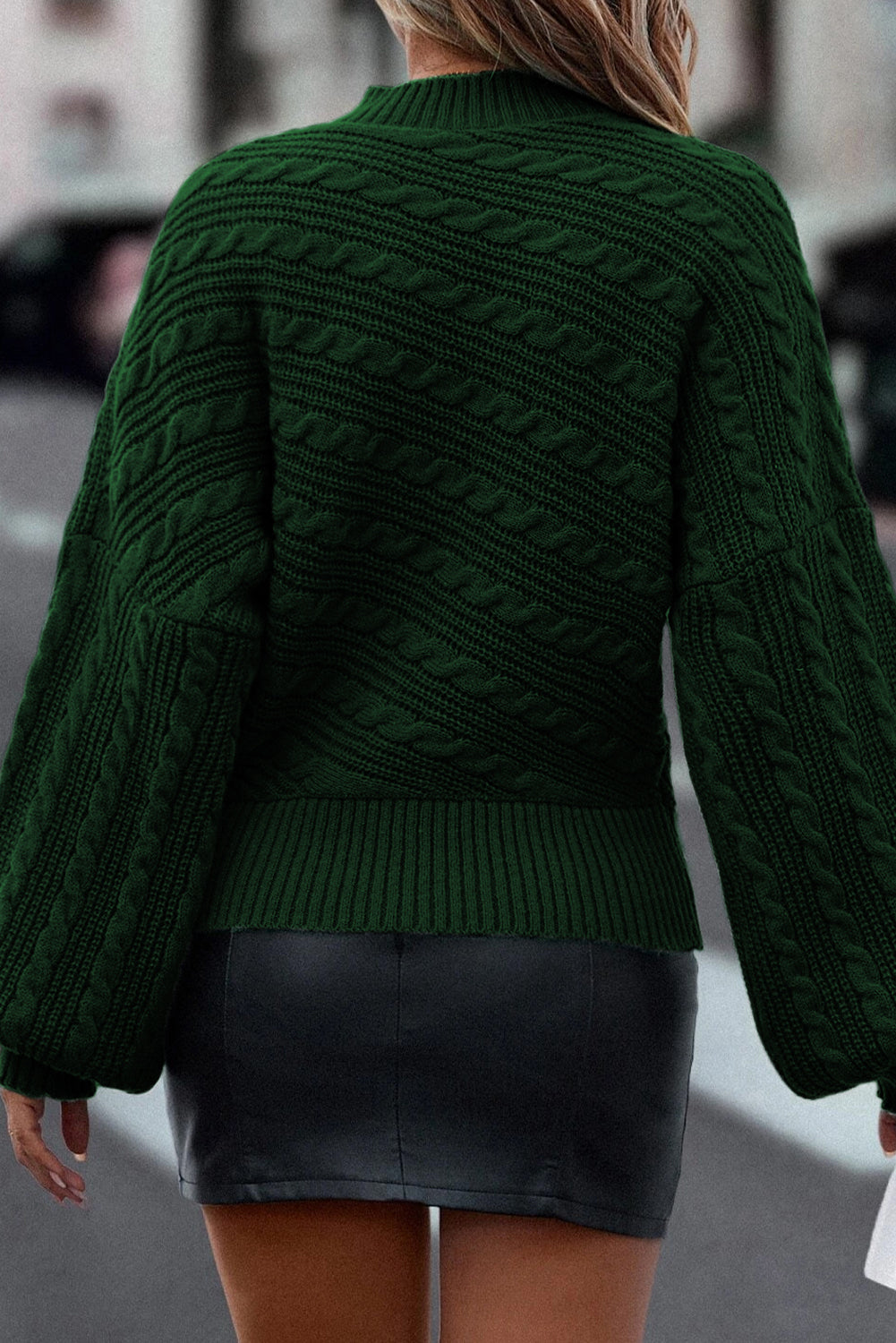 Blackish Green Mock Neck Lantern Sleeve Cable Knit Sweater eAura