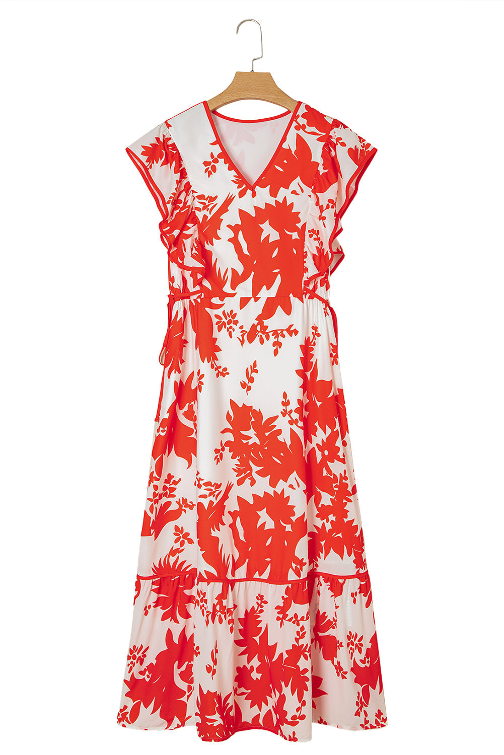 Red Floral Print Trimmed V-Neck Ruffle Sleeve Long Dress eAura