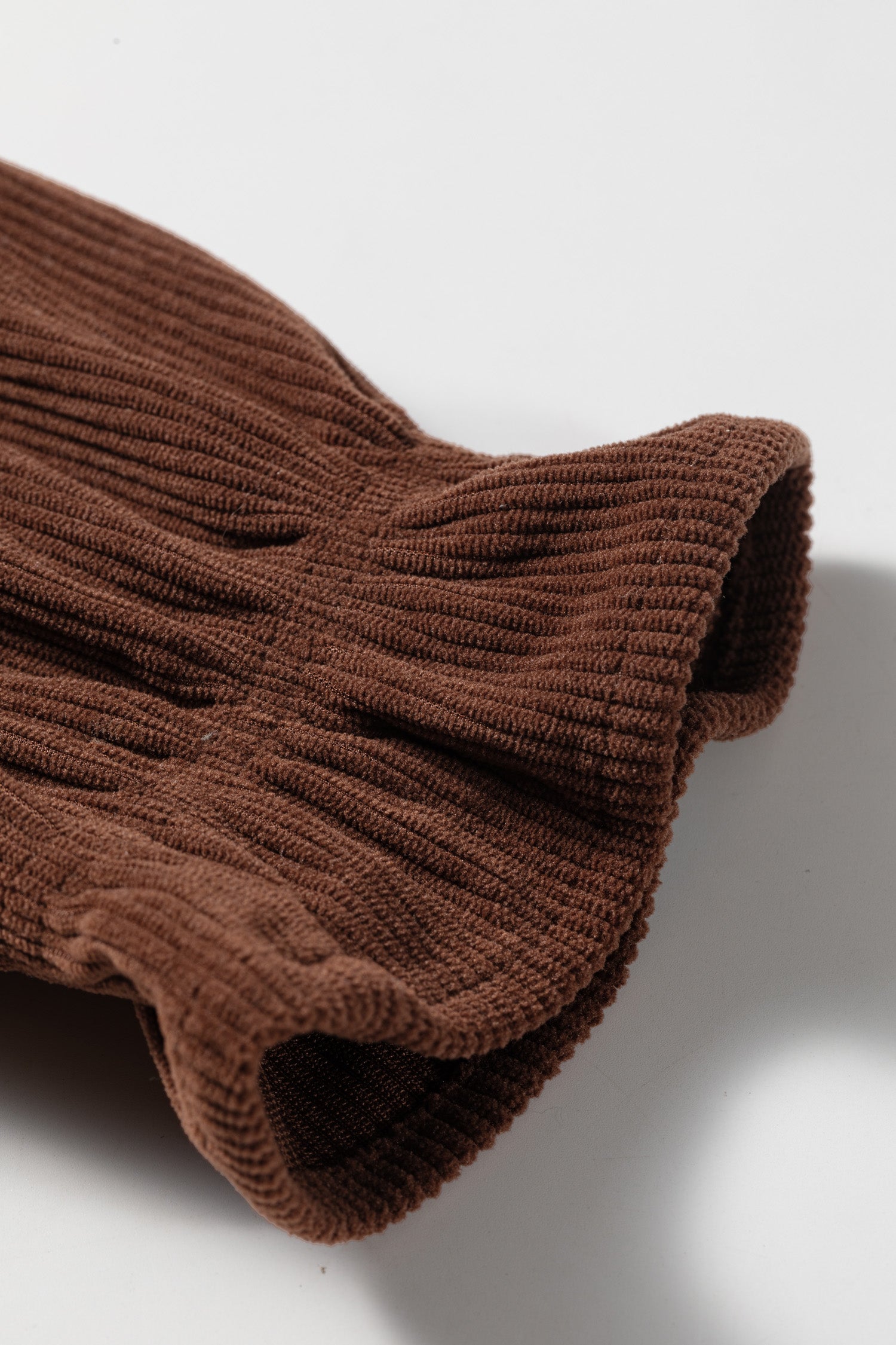 Coffee Solid Color Ruffle Trim V Neck Long Sleeve Button Corduroy Shakcet – Brown