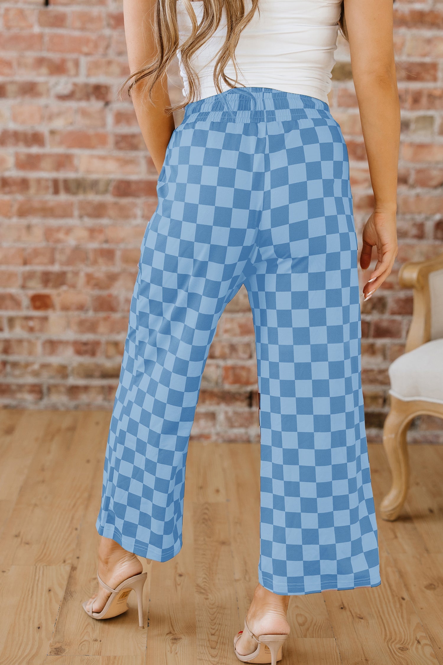 Checkered Elastic High Waist Loose Casual Trousers - Bottoms/Pants & Culotte