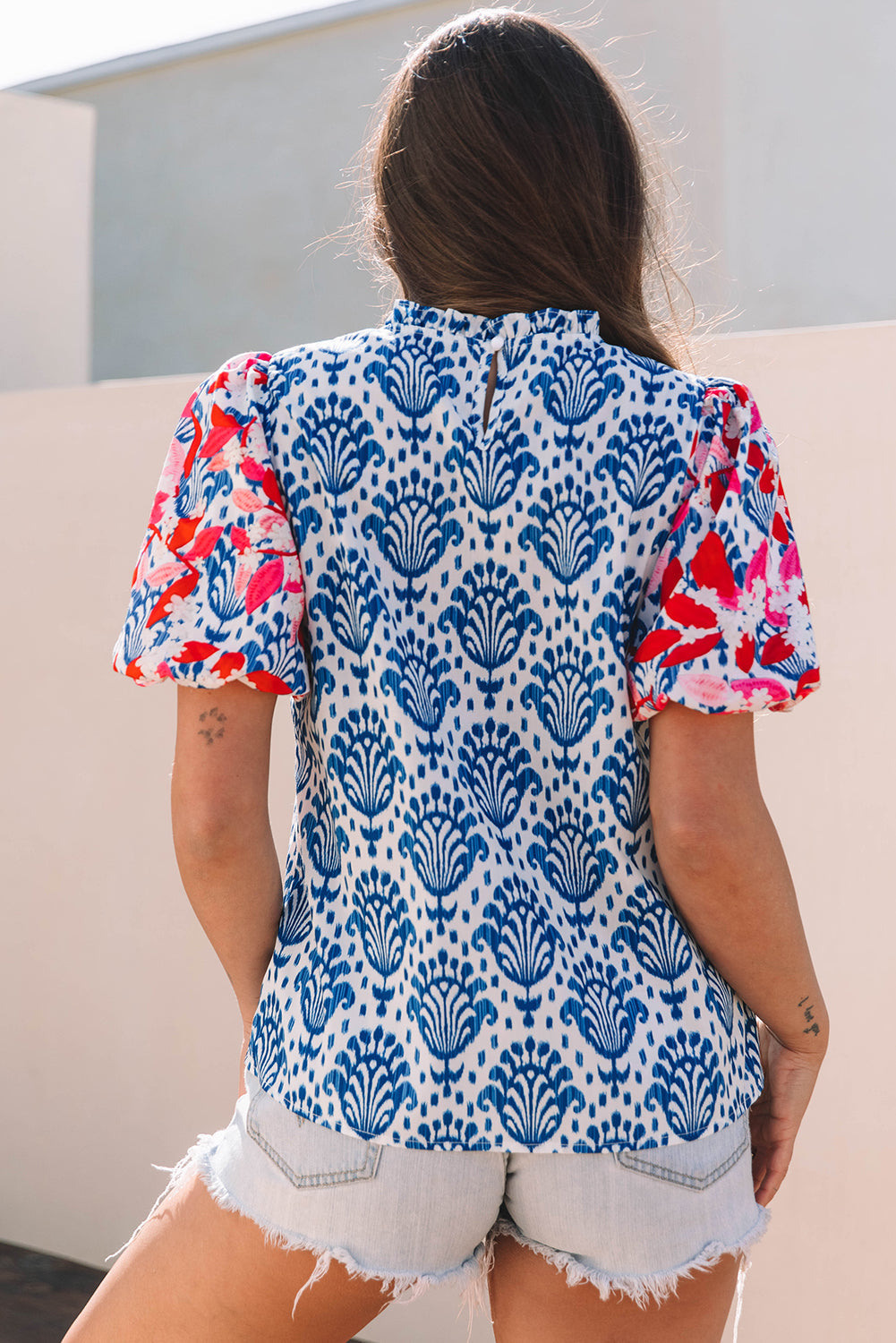 Blue Western Fashion Print Floral Puff Sleeve Frilled Neck Blouse eAura