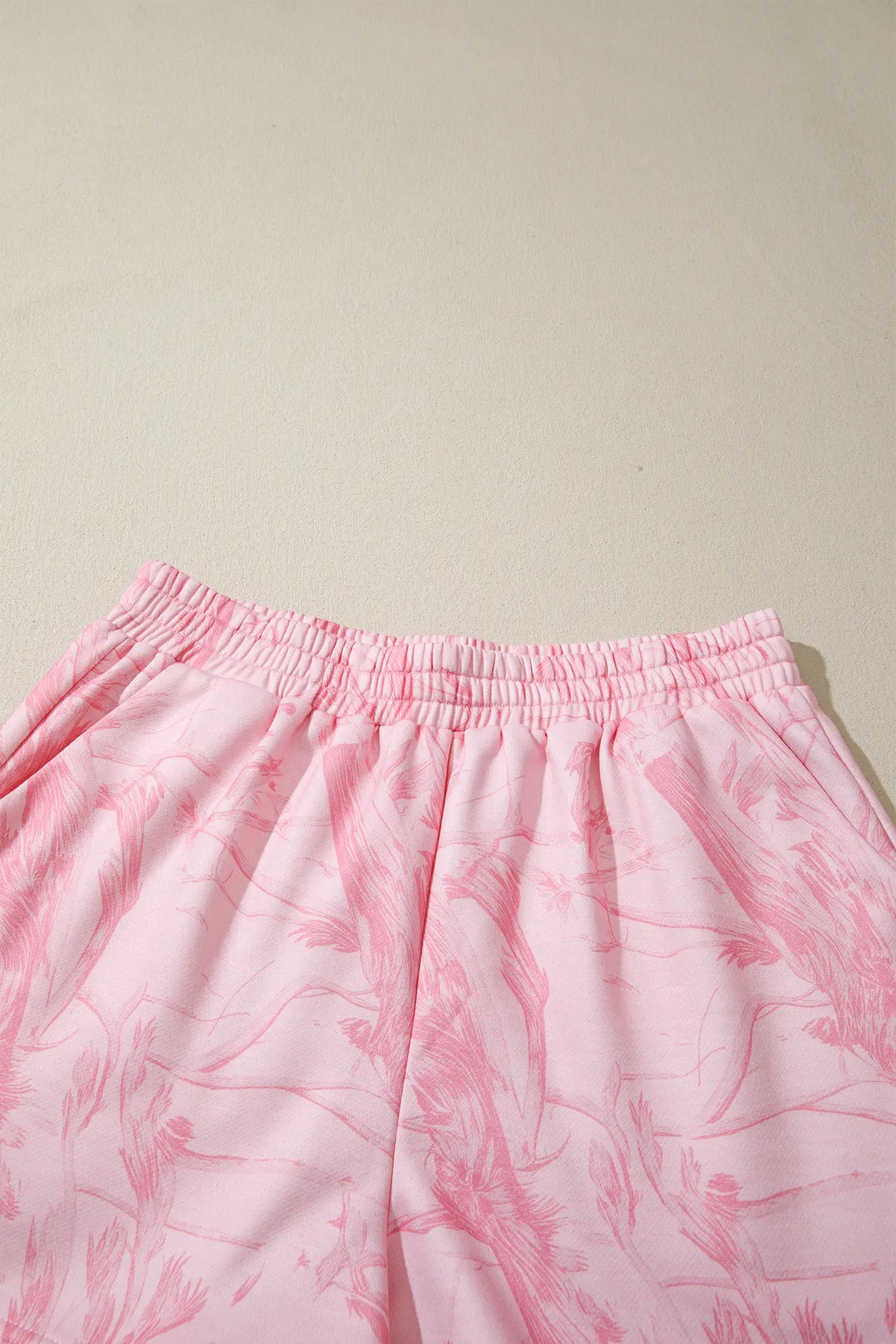 Abstract Print Ribbed Crewneck Long Sleeve Top Elastic Waist Short Set – Pink