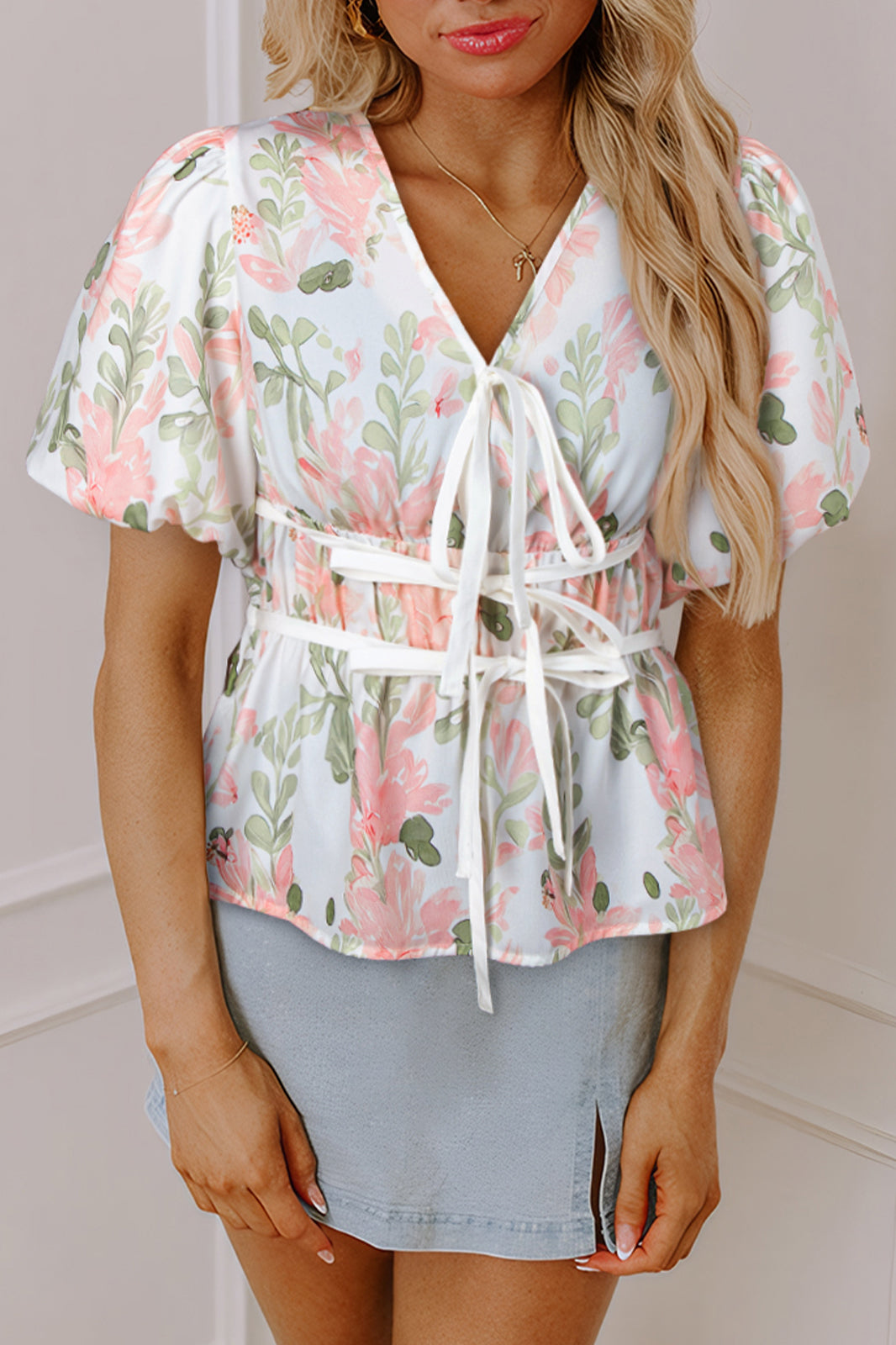 Pink Floral Puff Sleeve V Neck Tied Front Peplum Blouse eAura