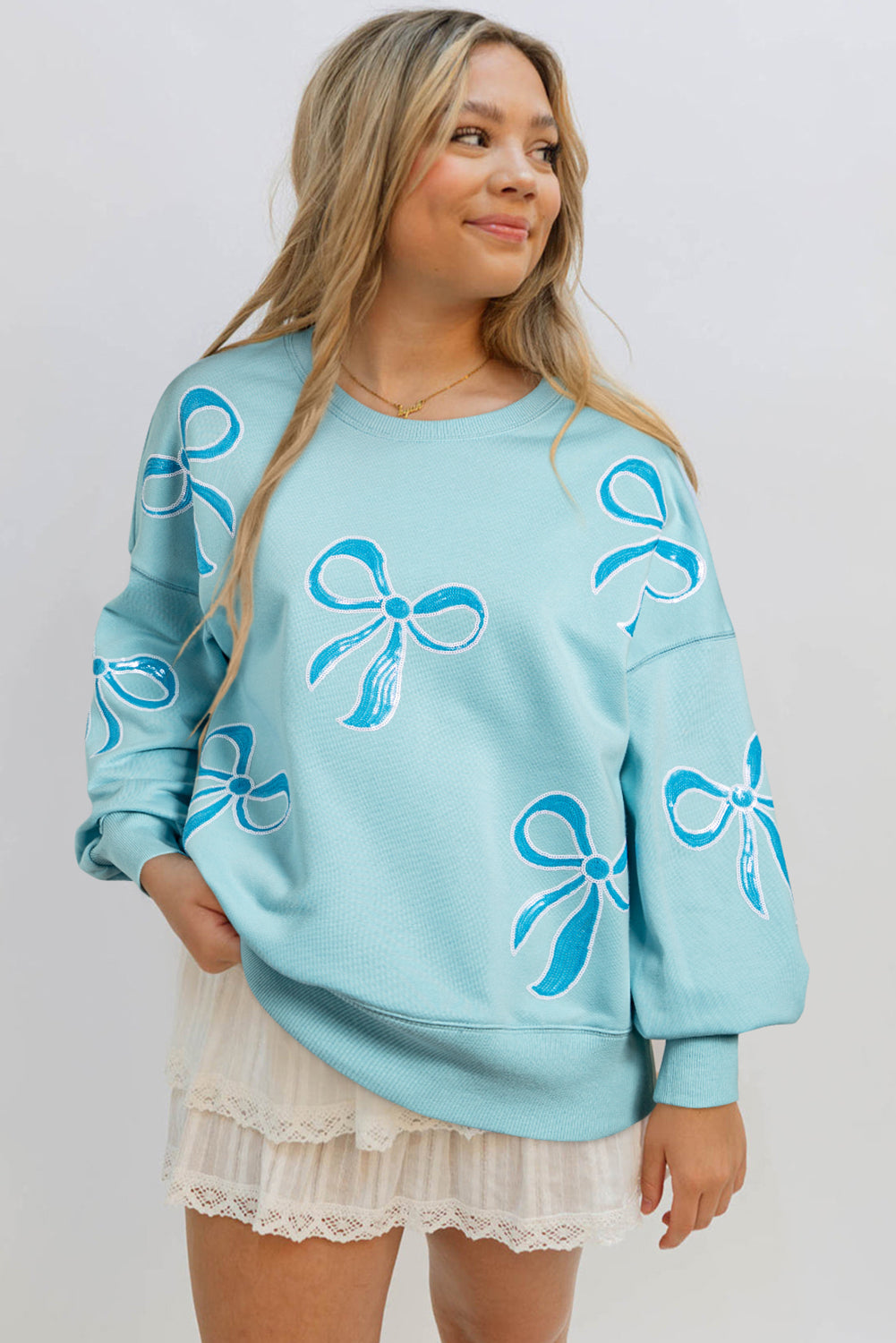 Beau Blue Sequined Bowknot Drop Shoulder Oversized Sweatshirt eAura
