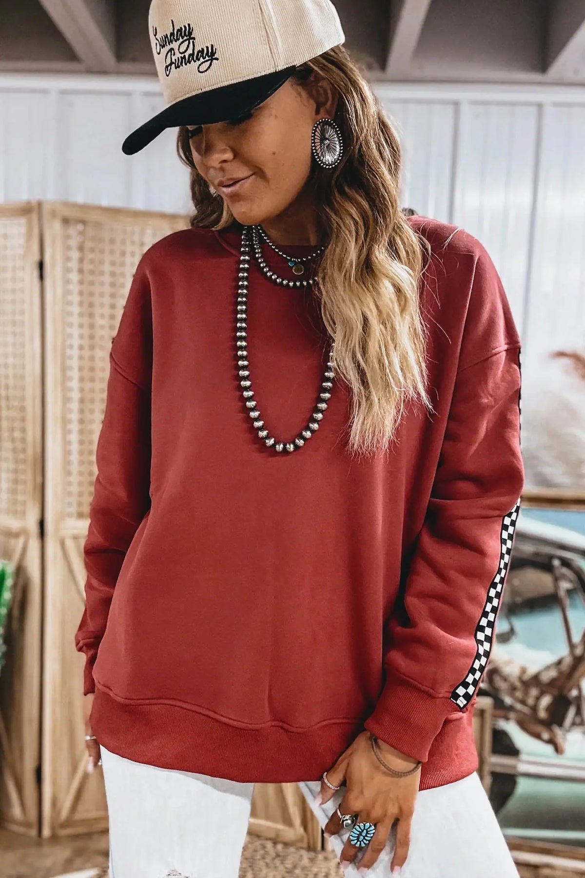 Shift Sweatshirt Checkered Trim Long Sleeve Round Neck