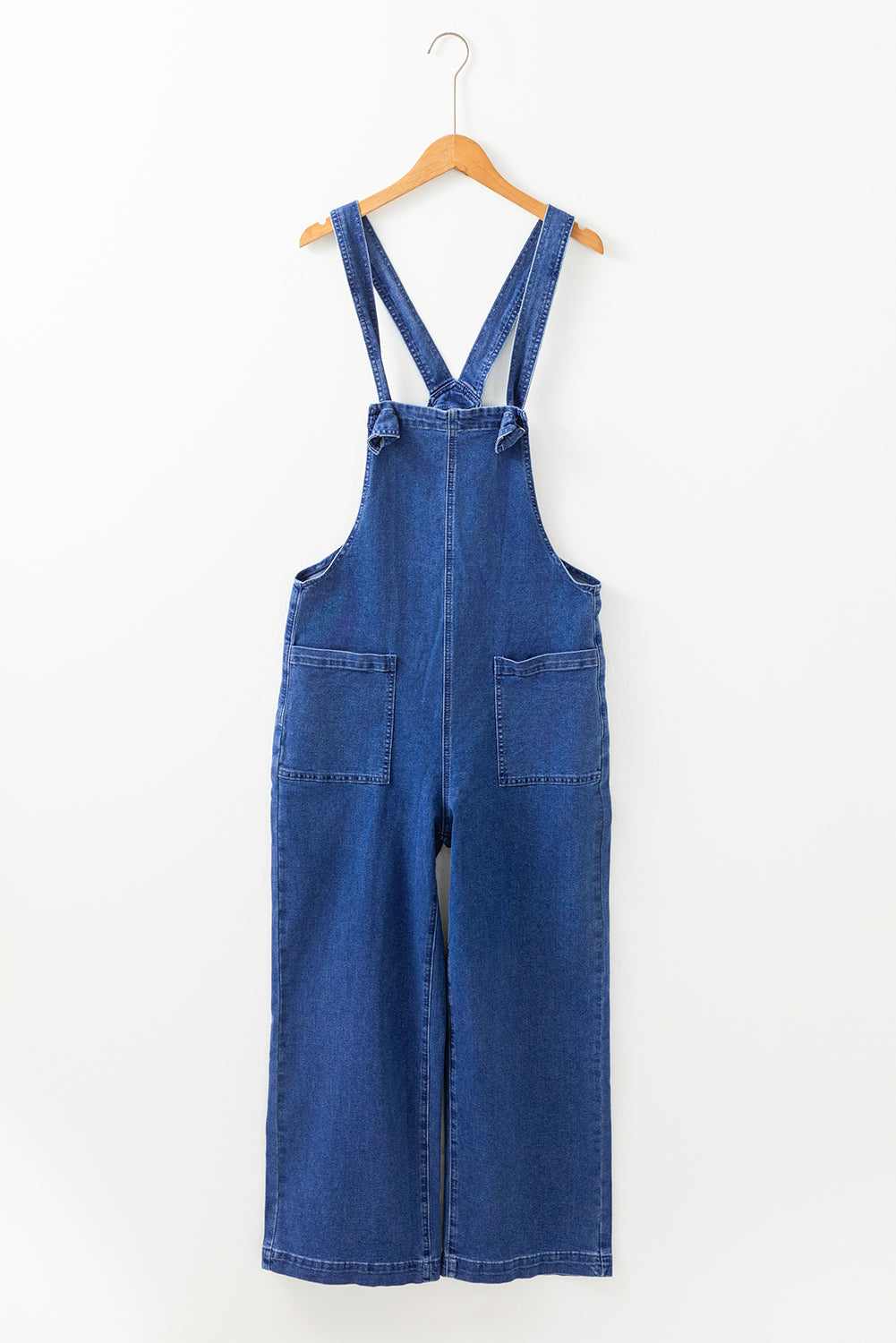 Blue Mineral Wash Knot Strap Patched Pocket Wide Leg Denim Overalls Dungarees BB Fashion Outlet