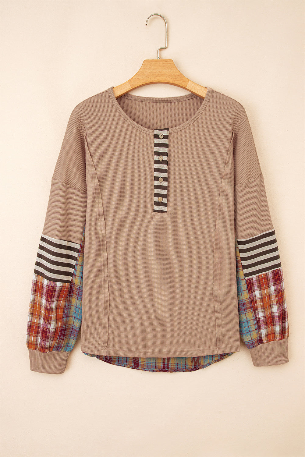 Waffle Striped Plaid Patchwork Henley Knit Top - eAura