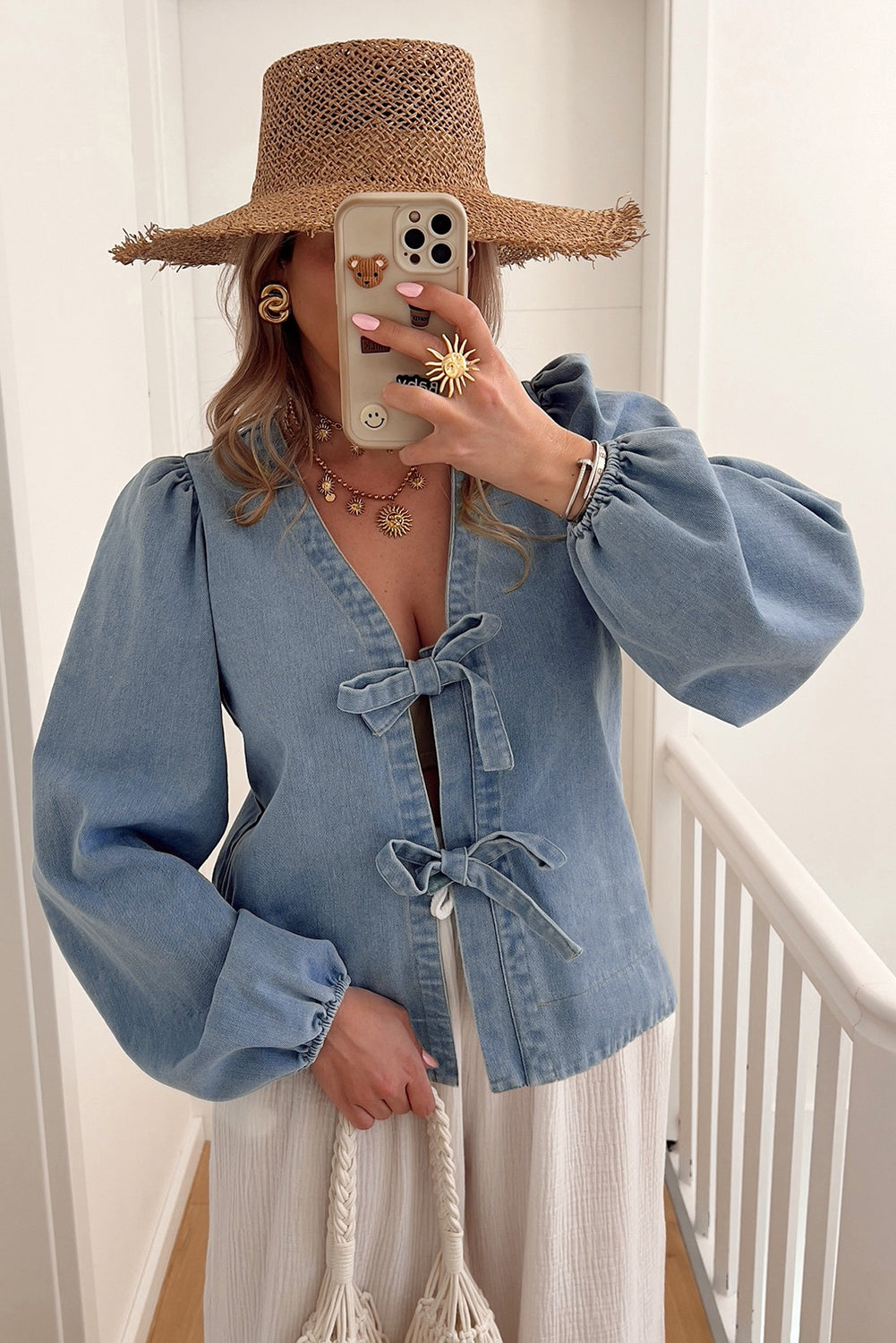 Tied Front Long Puff Sleeve Denim Top - eAura