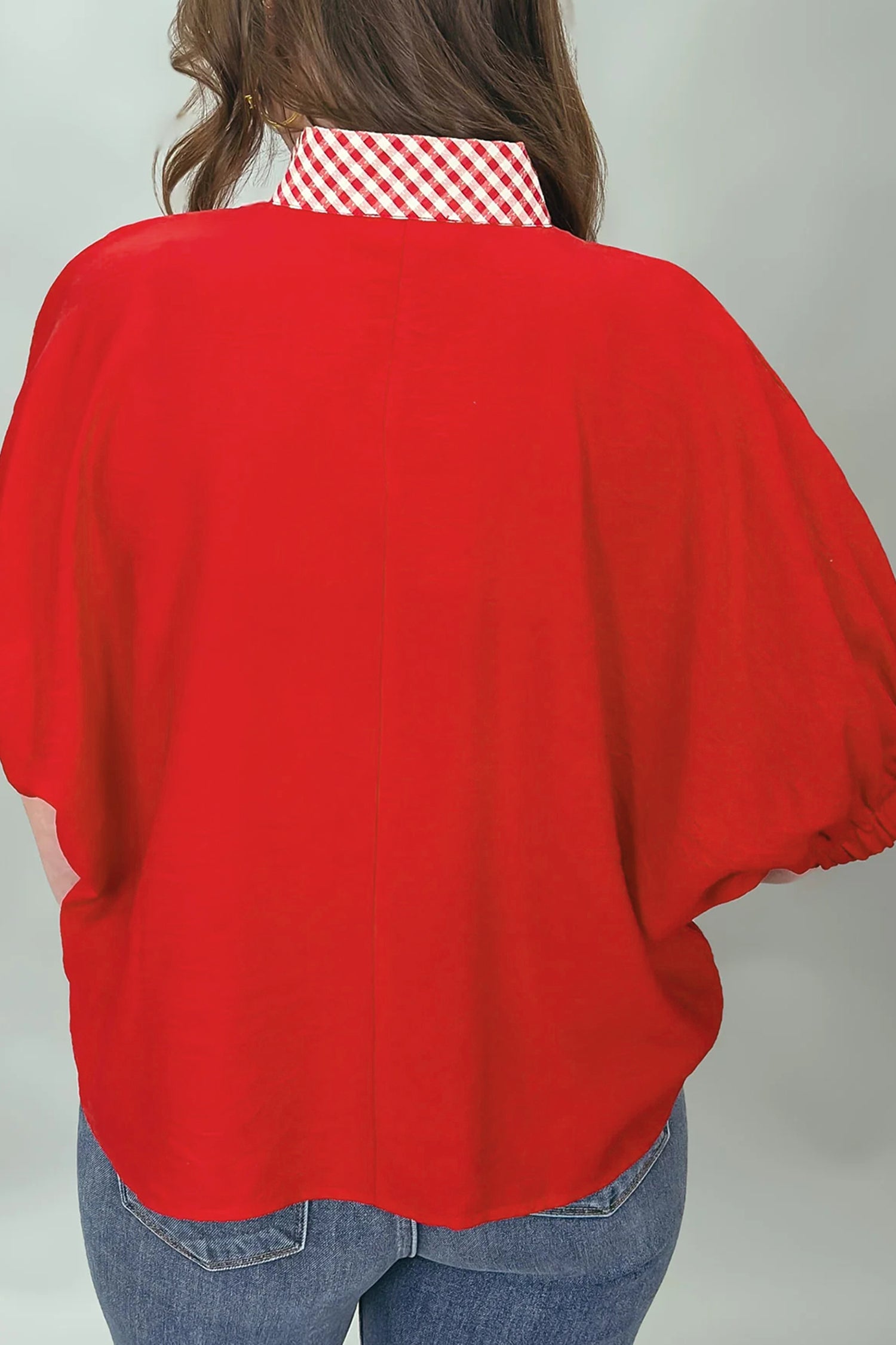Red V Neck Plaid Collar Short Sleeve Tunic Blouse – Fiery Red