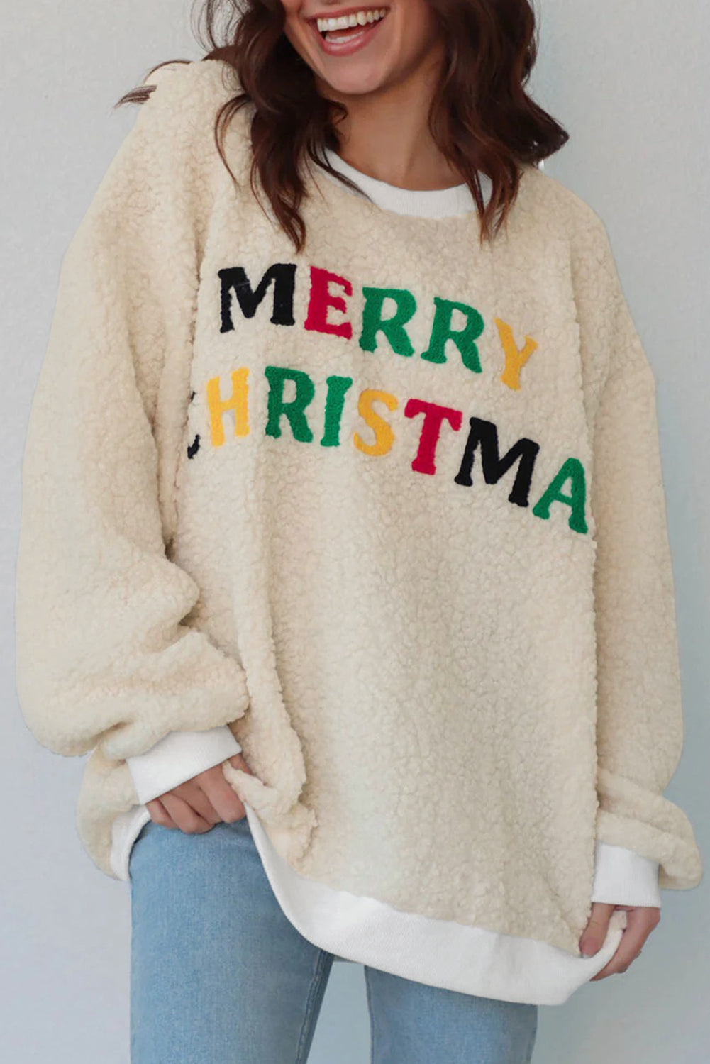 MERRY CHRISTMAS Multicoloured Embroidered Sherpa Pullover Sweatshirt - eAura