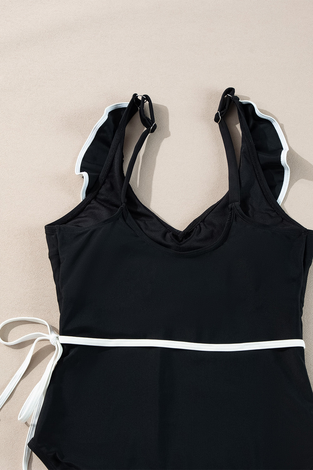 Black Colour Contrast Ruffled Wrap V Neck Swimsuit eAura