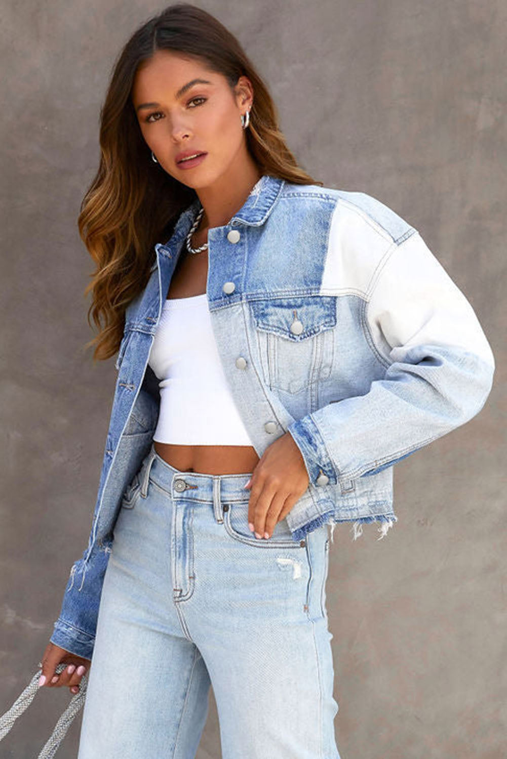 Sky Blue Colour Block Denim Patchwork Frayed Hem Jacket Beagle Boutique Fashion Outlet