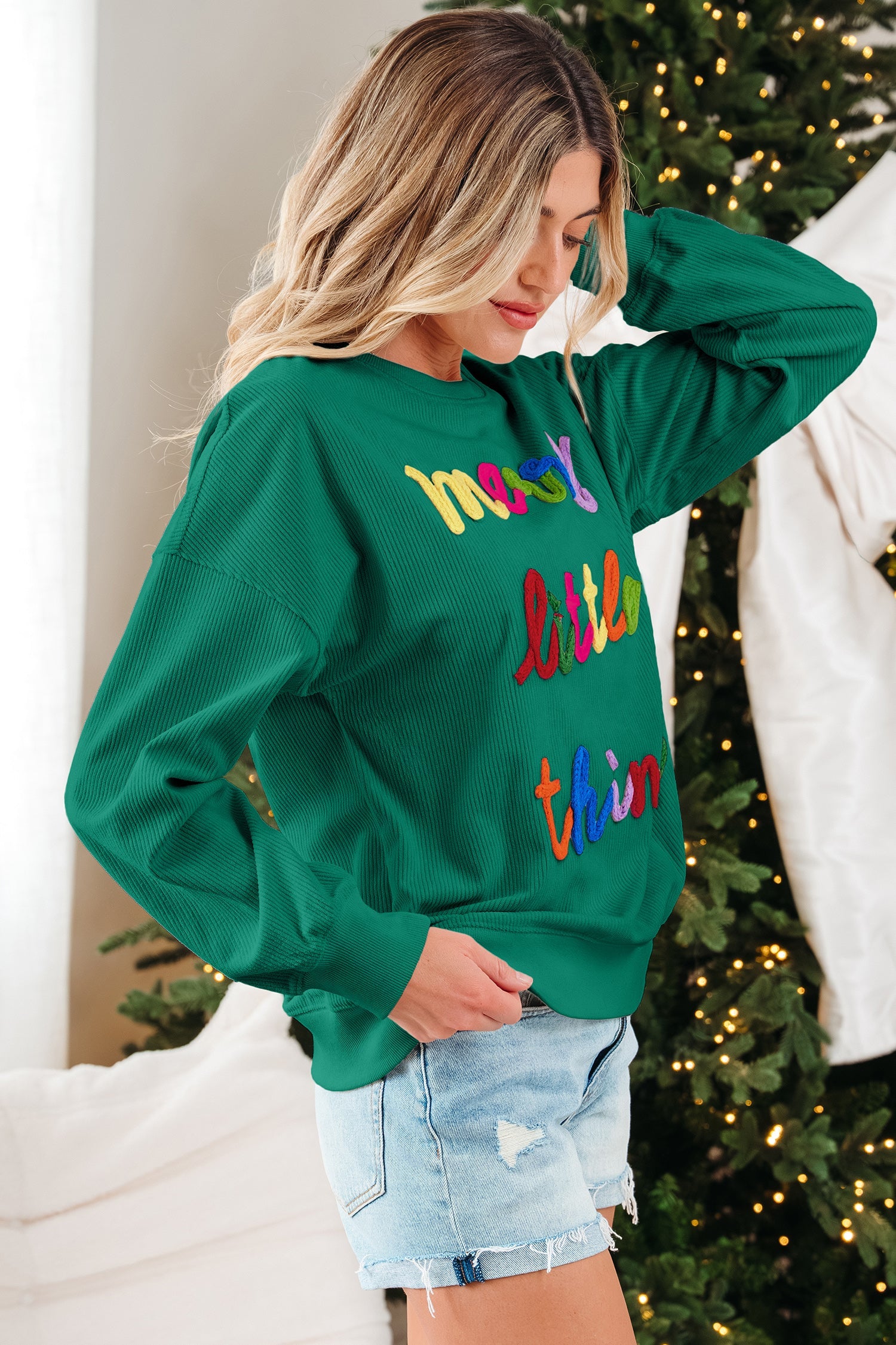 Merry Little Thing Corded Letter Graphic Ribbed Loose Sweatshirt - Tops/Sweatshirts & Hoodies