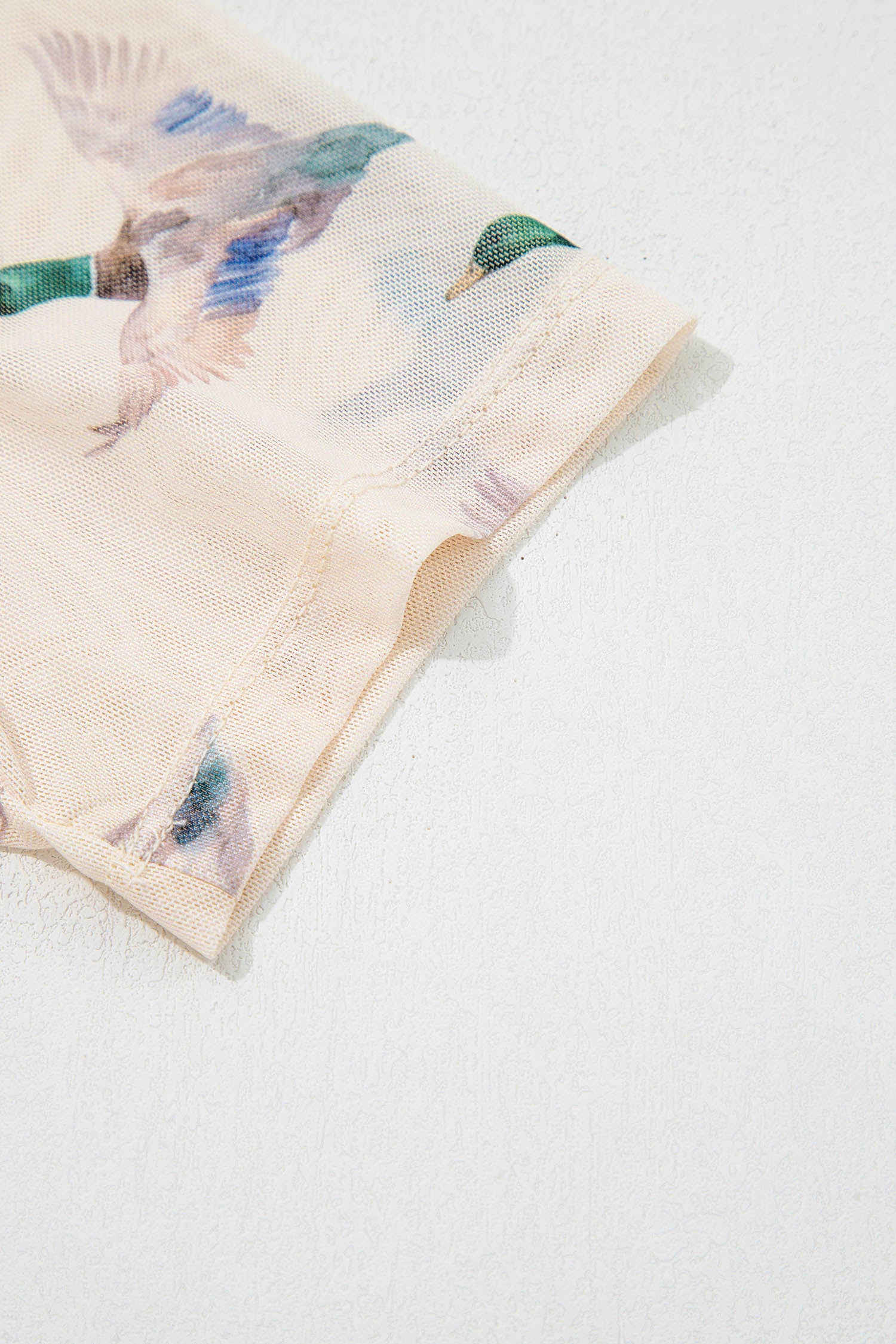 Beige Mallard Print Sheer Mesh Short Sleeve Top