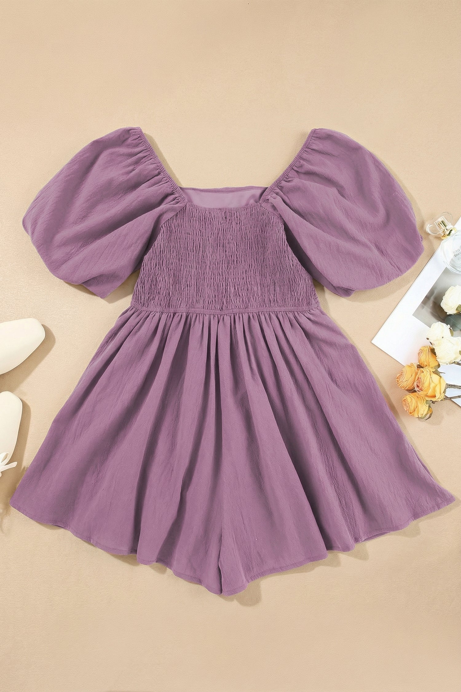 Square Neck Ruched Puff Sleeve Romper
