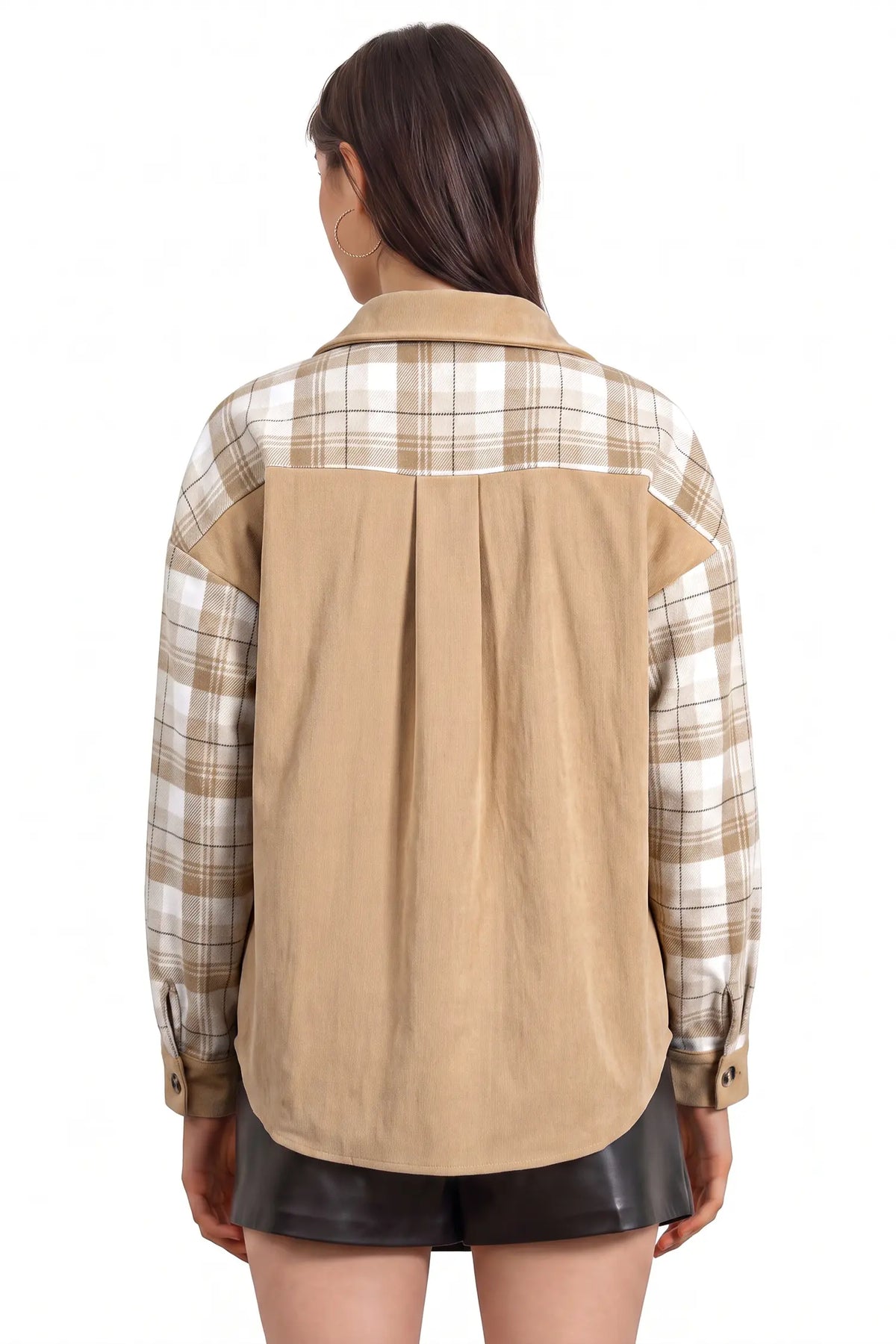 Plaid Colourblock Shirt Collar Shift Shacket – Light French Beige