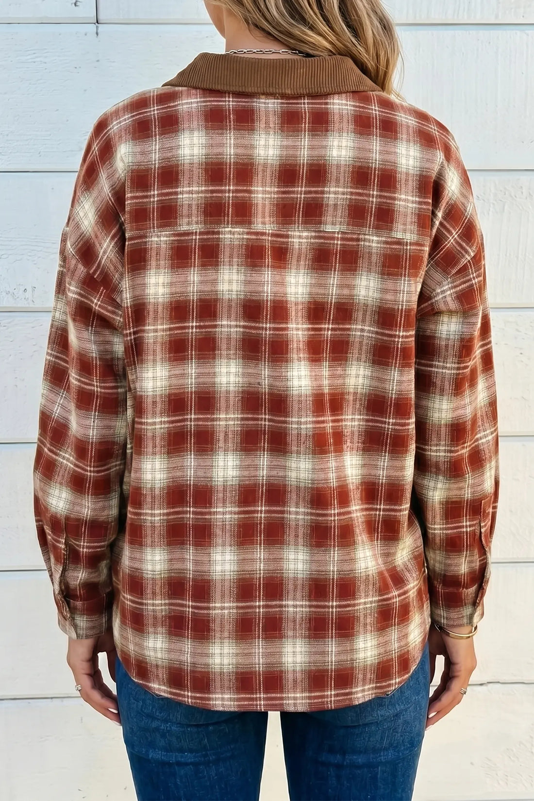 Contrast Plaid Long Sleeve Button Down Shirt – Red