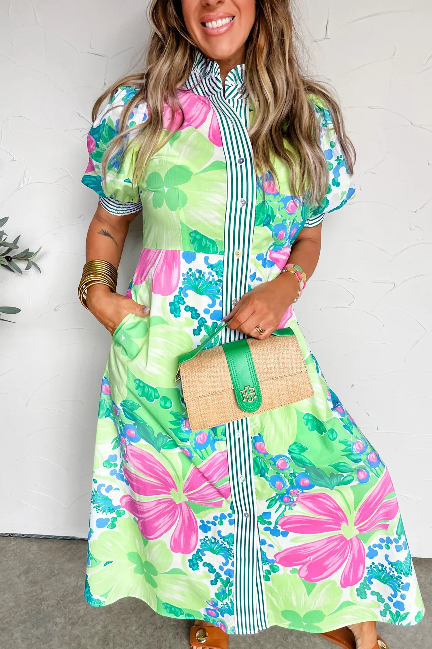 Floral Print Striped Trim Button-Down Shirt Dress