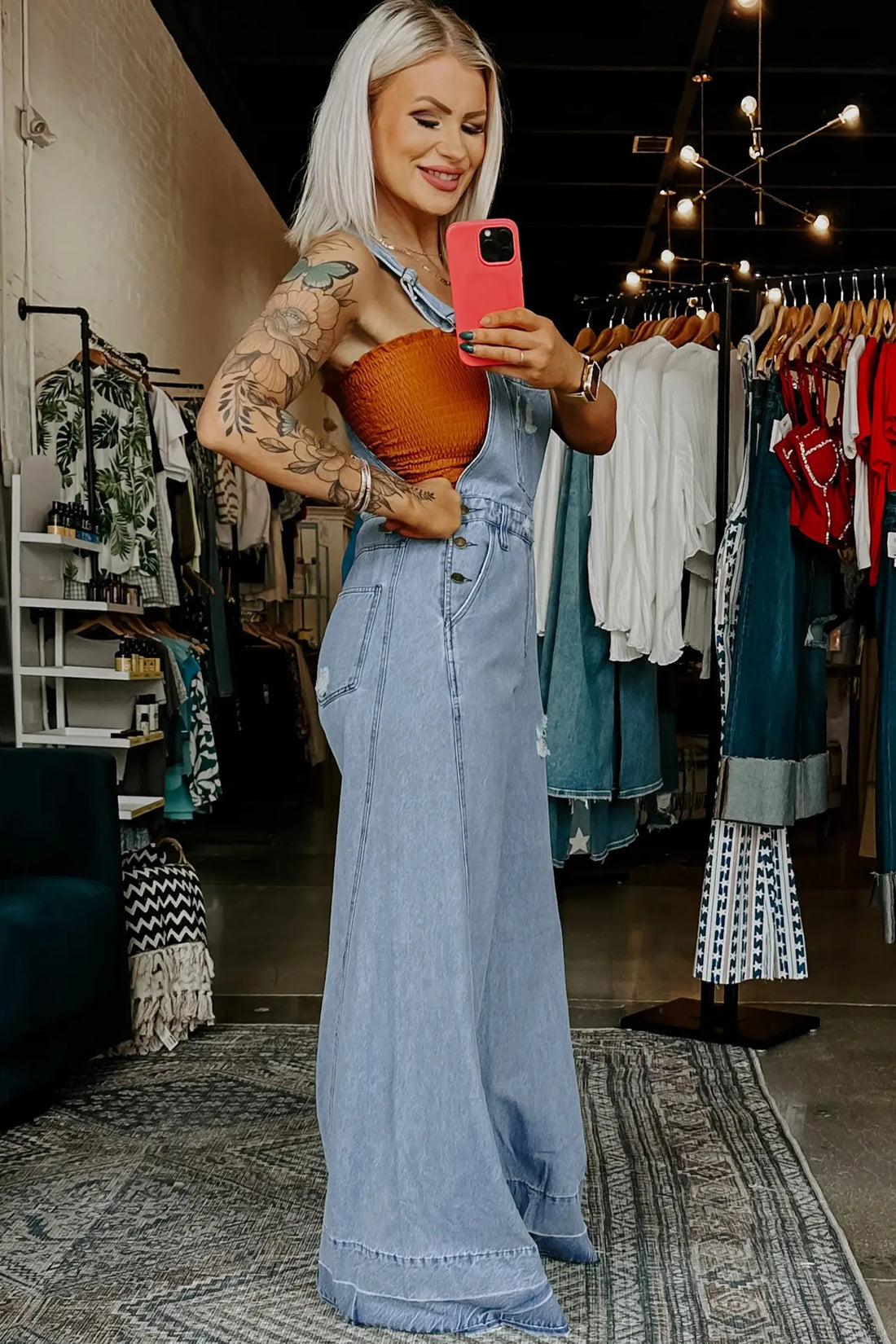 Retro Distressed Adjustable Strap Denim Dungaree Jumpsuit