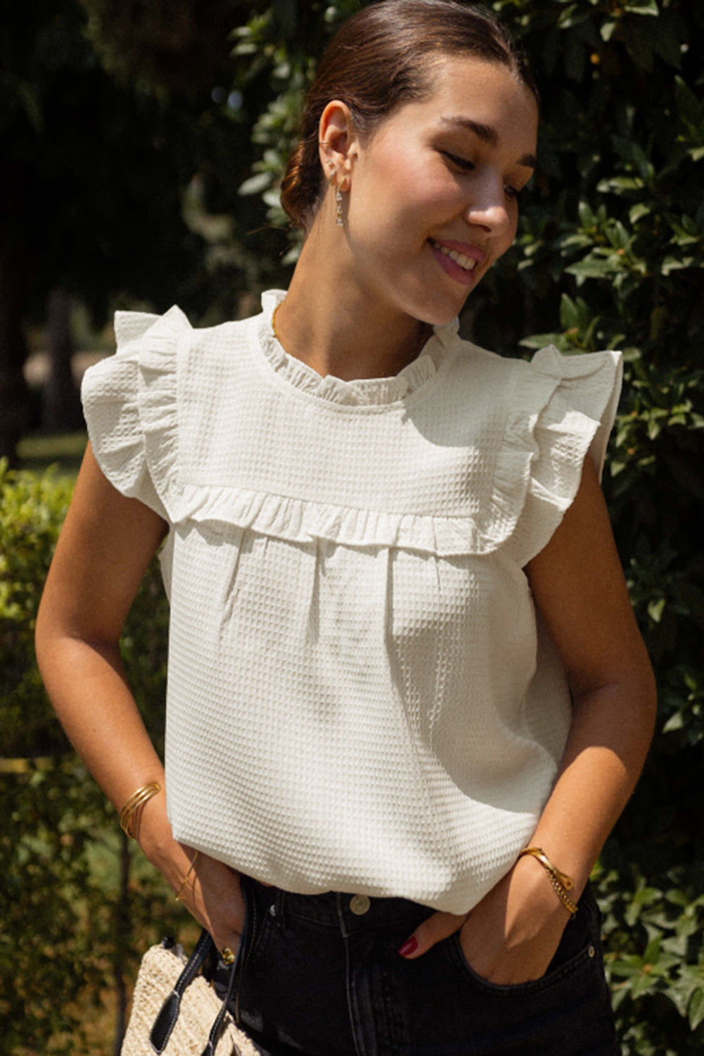 White Solid Colour Ruffle Trim Waffle Knit Blouse eAura