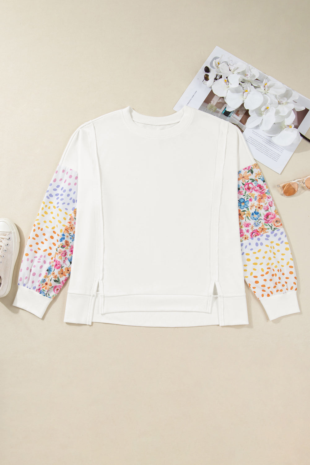 Plus Size Exposed Seam Detail Contrast Dot Floral Patchwork Sleeve Sweatshirt