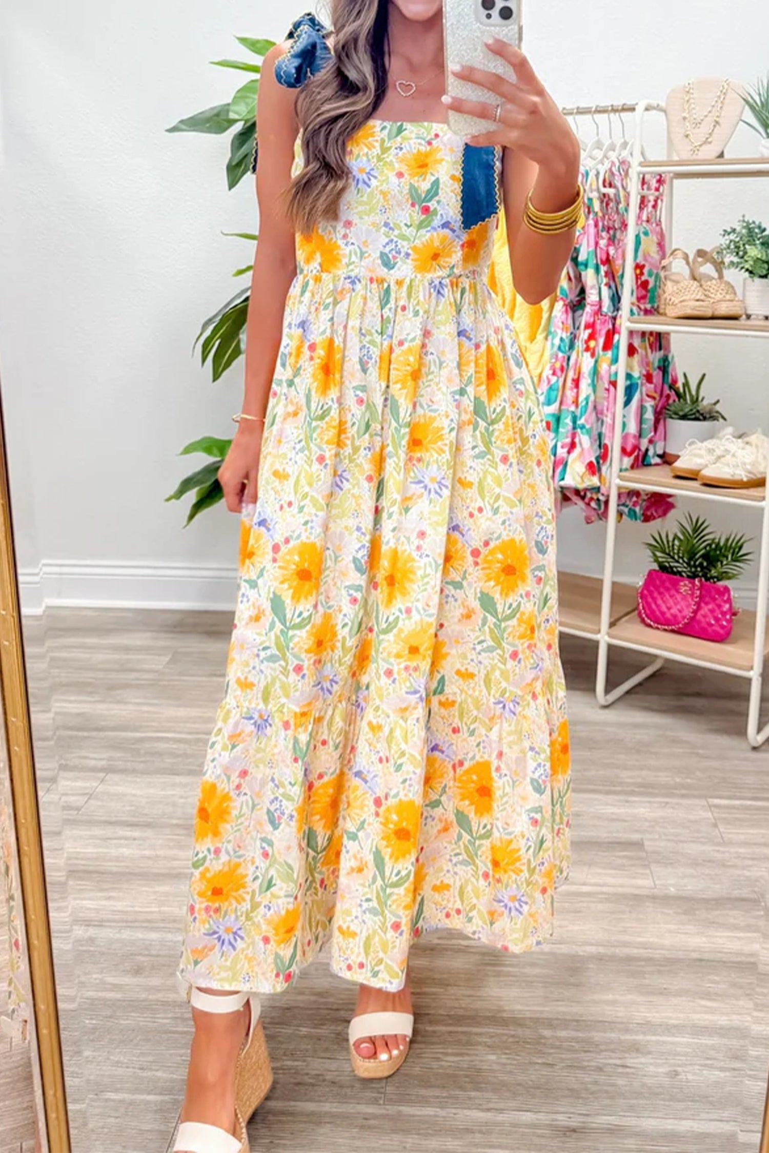 Floral Print Contrast Stitched Knot Denim Straps Maxi Dress