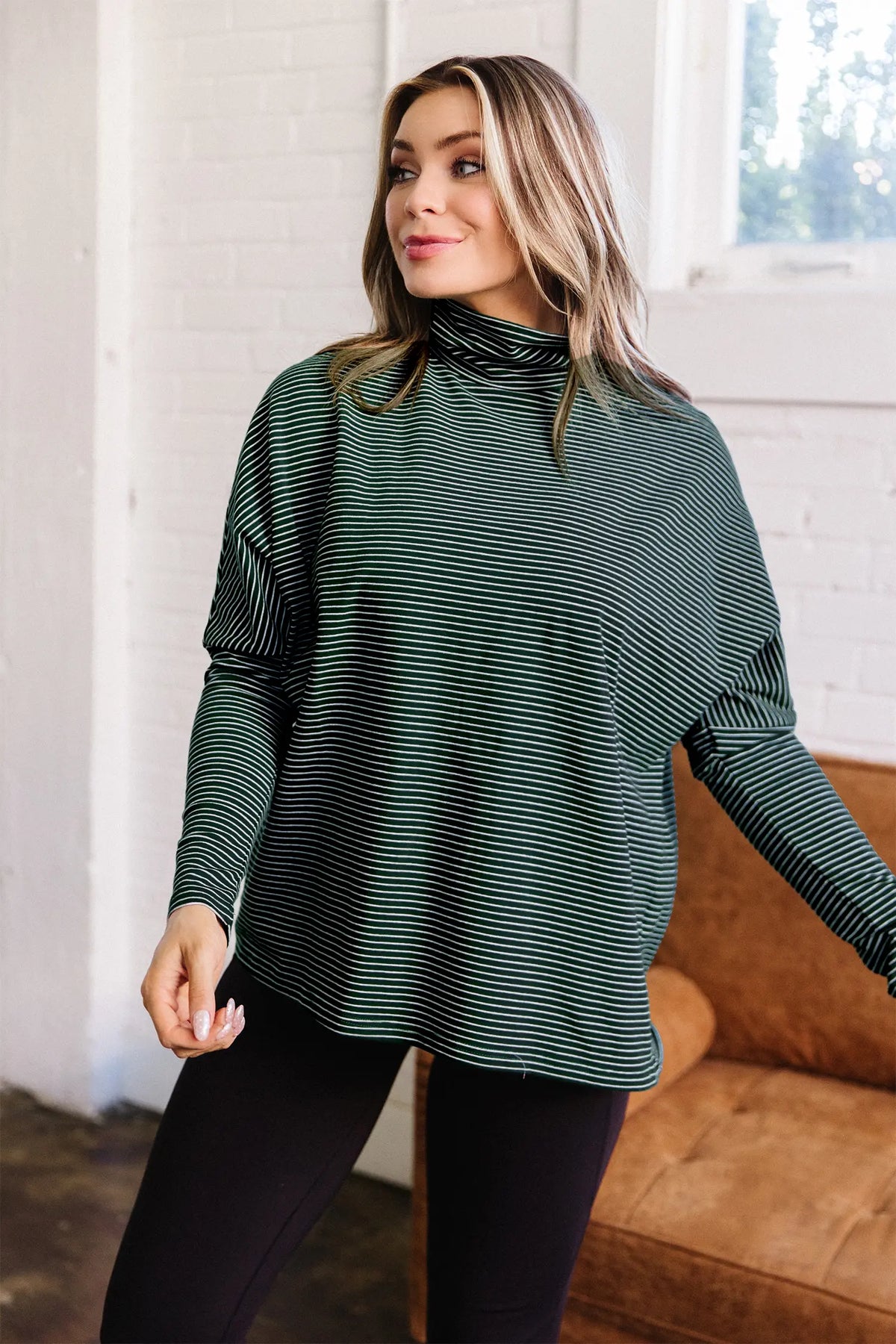 High Neck Dropped Shoulder Long Sleeve Casual Top – Green Stripe