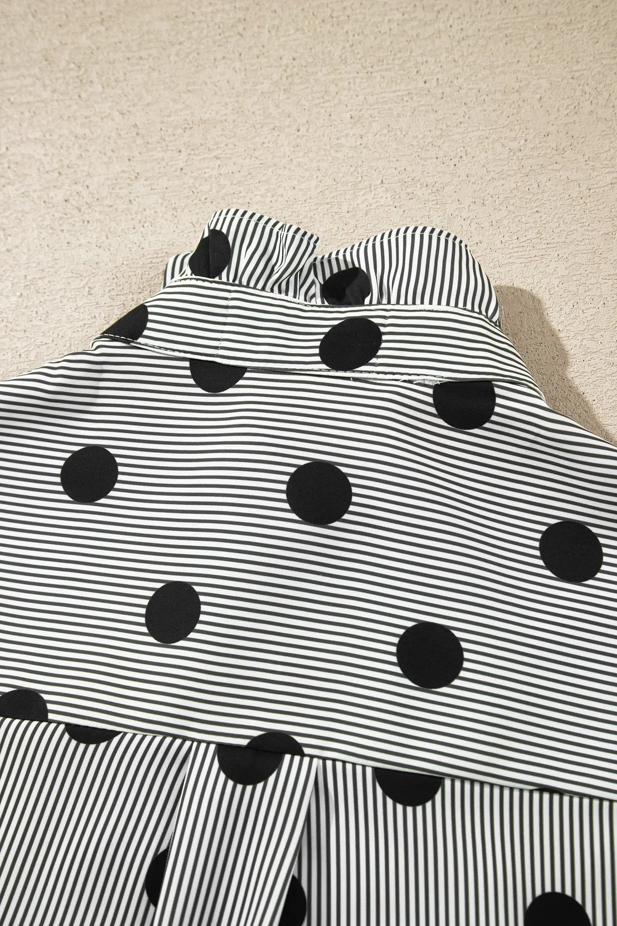 Polka Dot Striped Print Ruffle Stand Neck 3/4 Sleeve Shift Shirt – Black White
