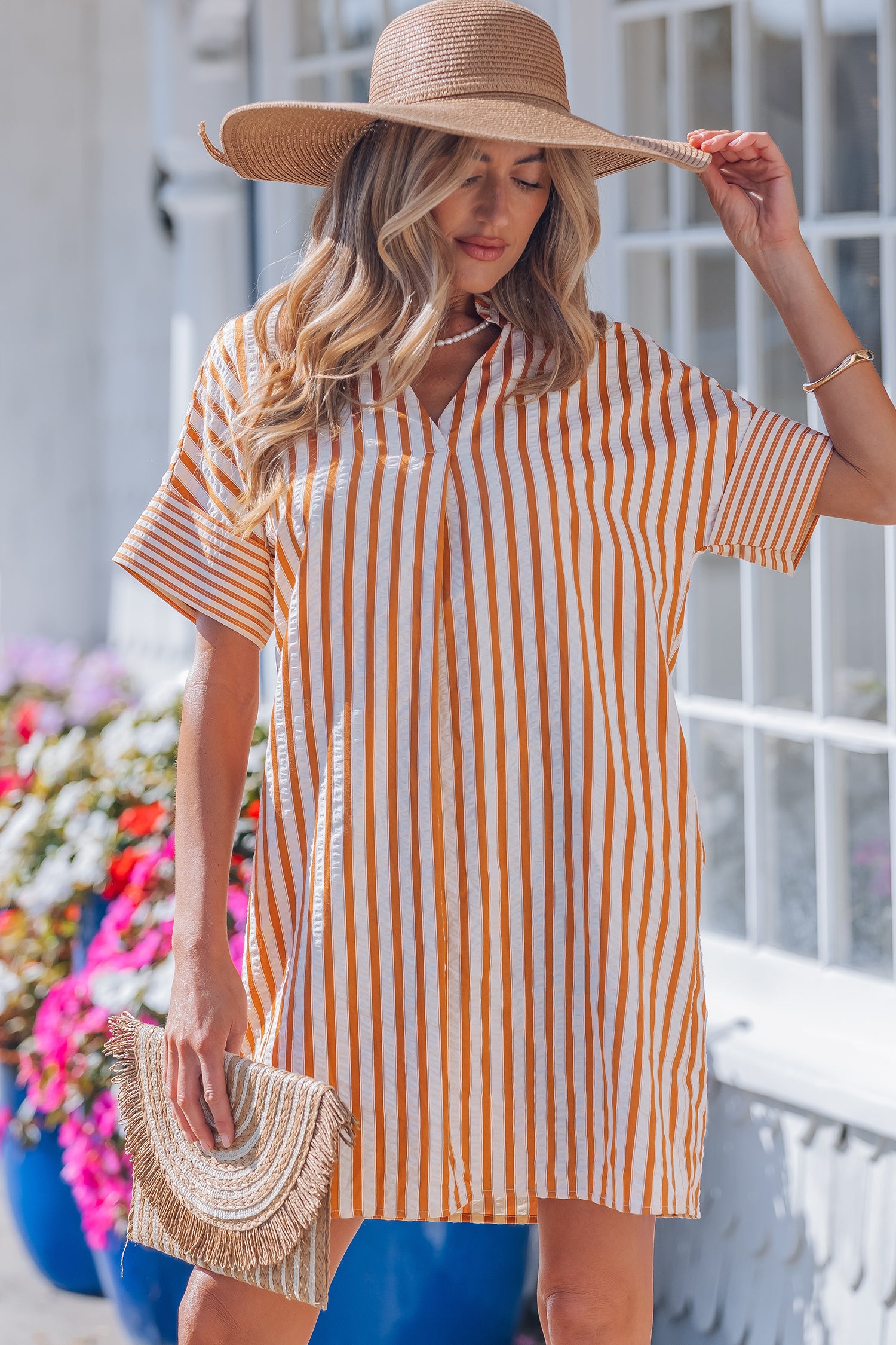 Stripe Pinched V-Neck Turn-Up Cuff Shift Mini Dress