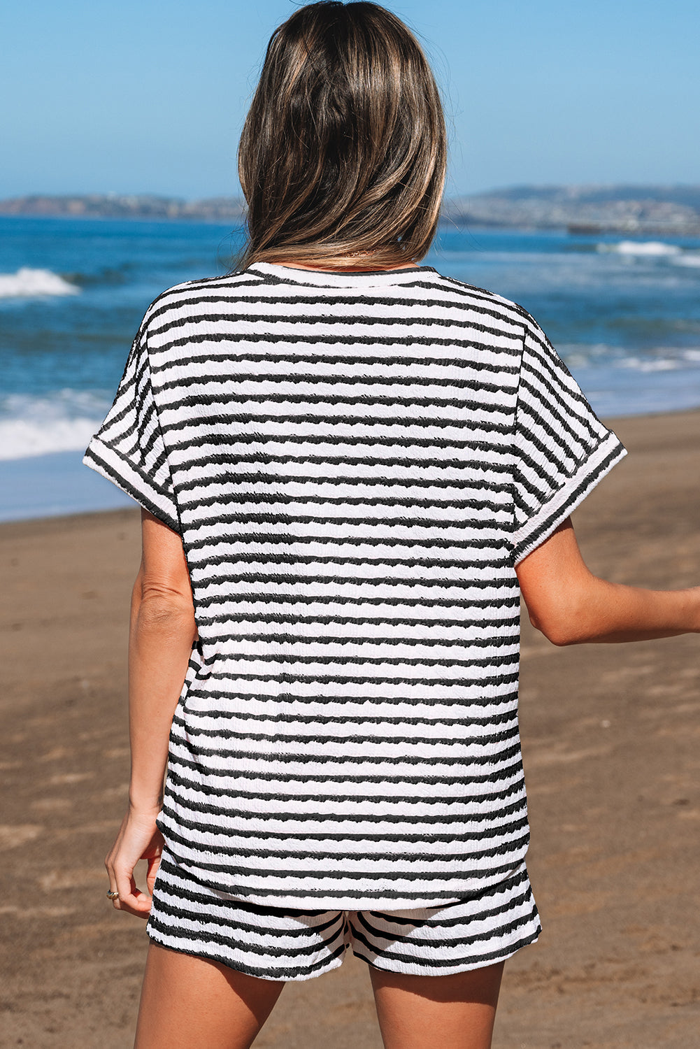 Black Stripe Knitted Short Sleeve Top and Drawstring Shorts Set eAura
