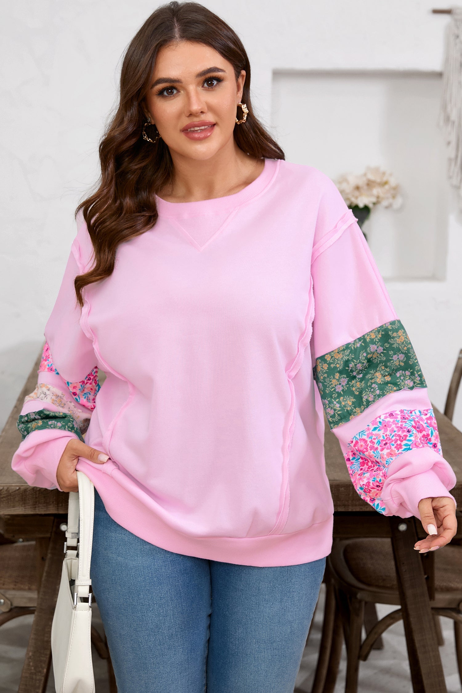 Pink Plus Size Mix Floral Patched Sleeve Ribbed Trim Oversized Sweatshirt - eAura