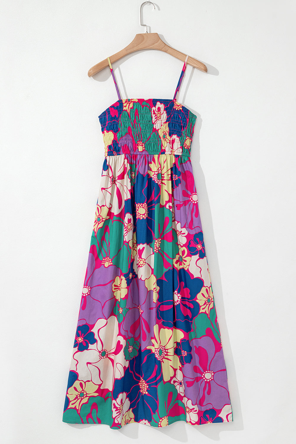 Purple Floral Print Shirred Spaghetti Strap Loose Maxi Dress eAura