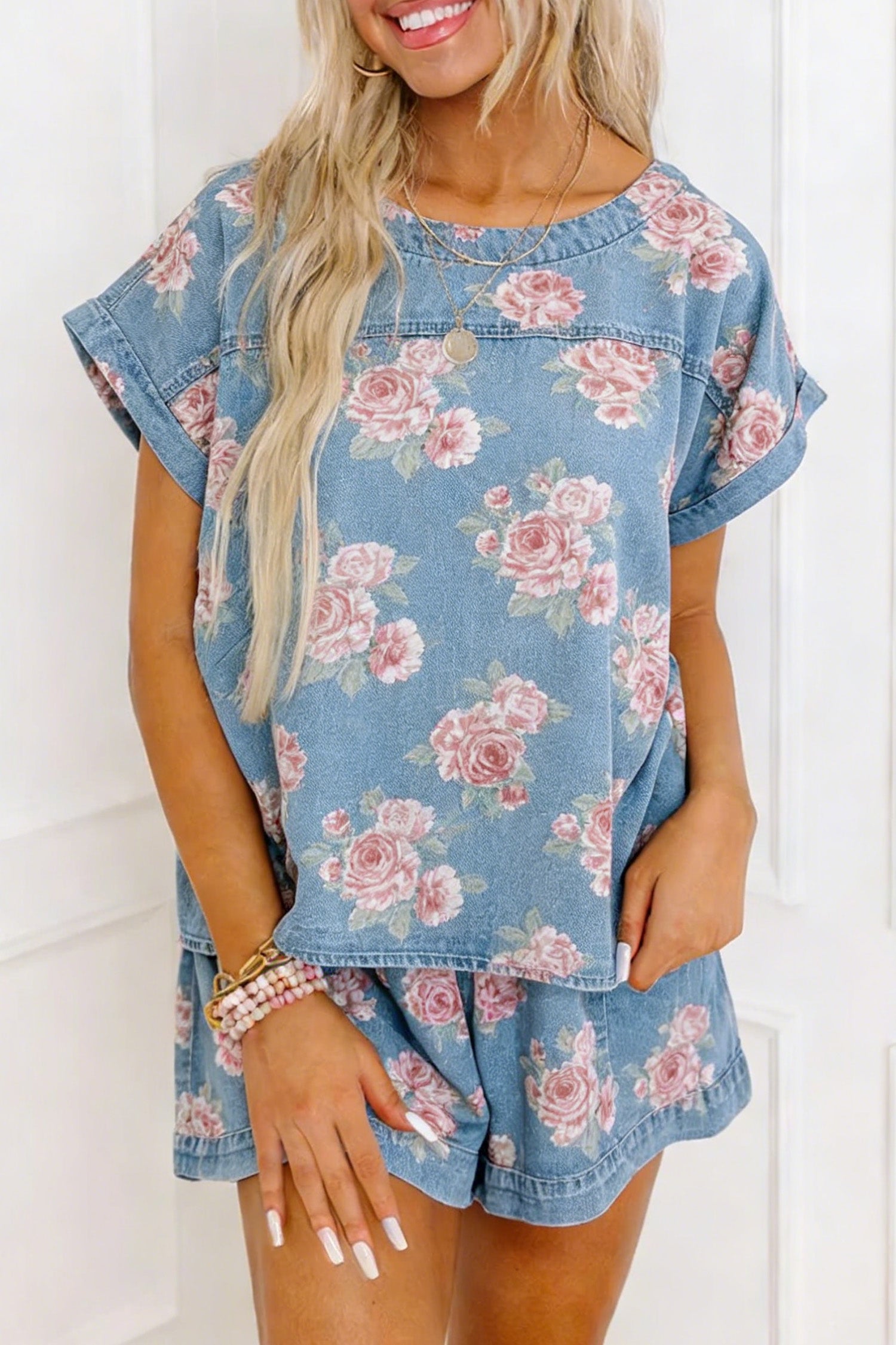 Sky Blue Floral Denim Short Sleeve Top Loose Shorts 2pcs Set – Light Blue