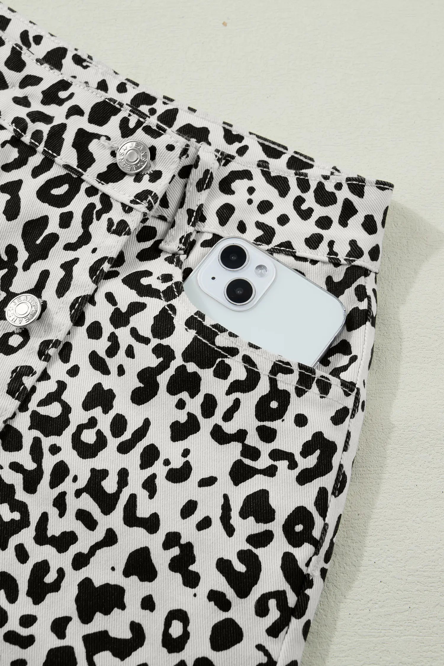 Black Leopard Print Button Overlap Denim Shorts