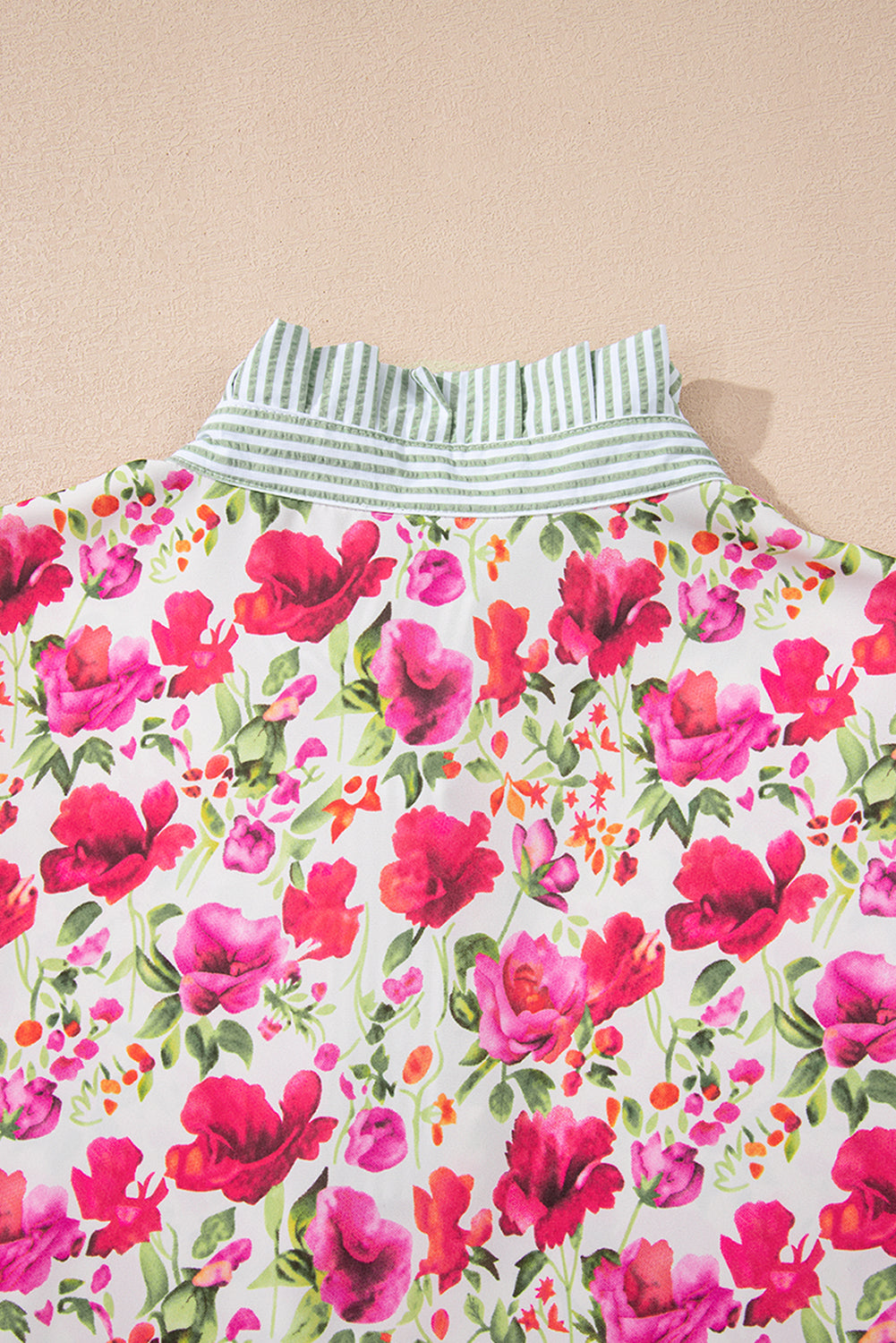 Red Floral Print Striped Patchwork Collared Short Sleeve Blouse eAura