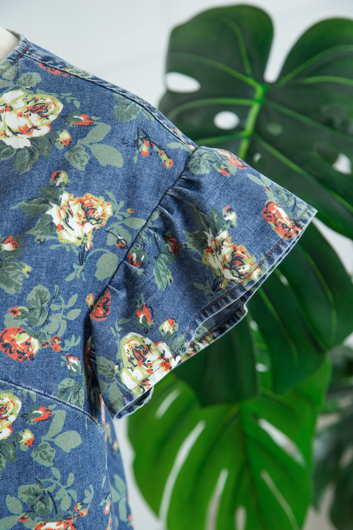 Ruffled Short Sleeve Floral Denim Top